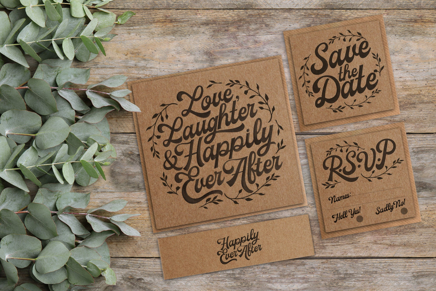 Kraft Wedding Invite - Wedding Invite bundle. Happily Ever After Design. Pack of 10 Wedding Invite, RSVP, Save the Date and Belly Bands.