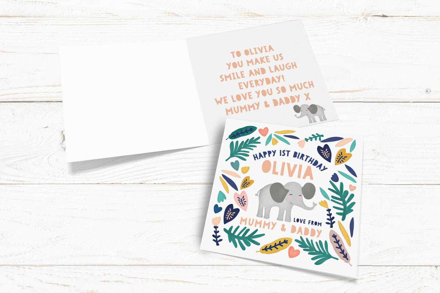 Personalised Little Elephant Card. Happy Birthday Card. Welcome to the world card. Naming Day Card. Send Direct Option.