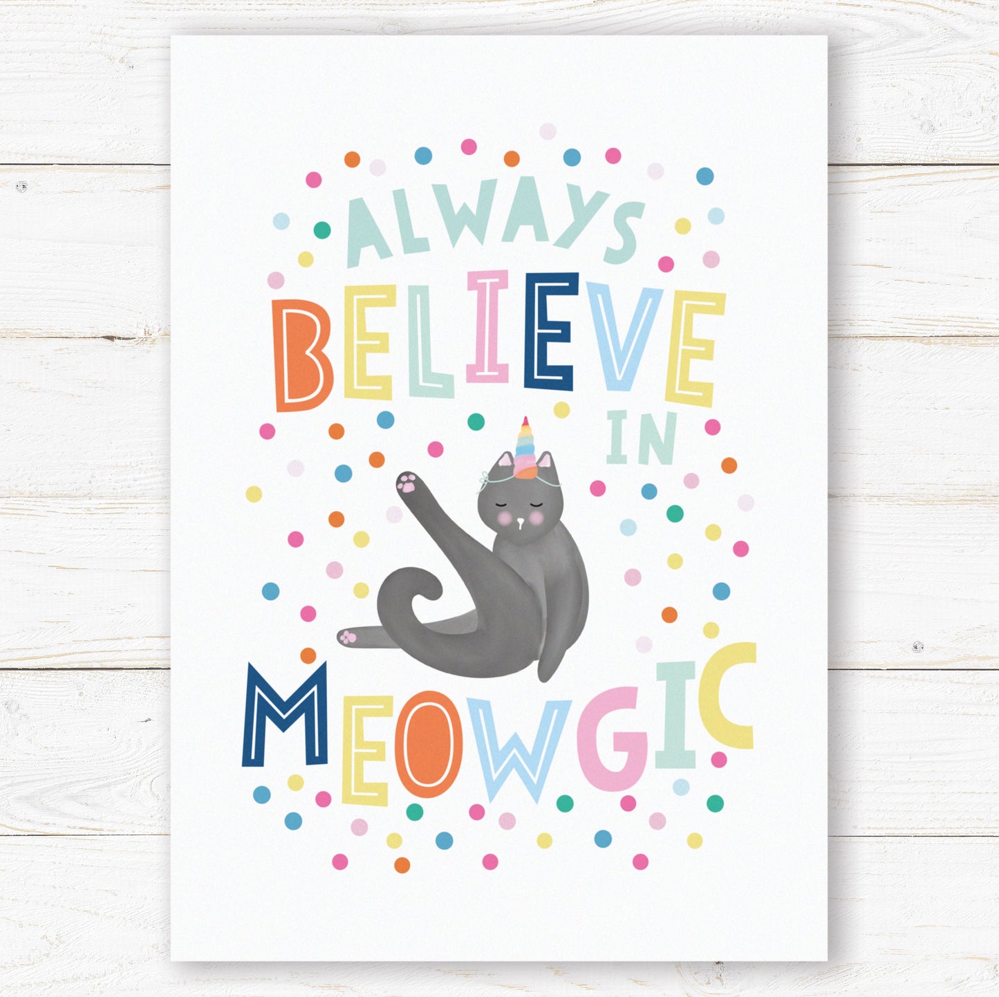Believe in Meowgic Print. Nursery Childs Bedroom Wall Print. Unicorn Print. Child's Birthday Present. Naming Day Wall Art