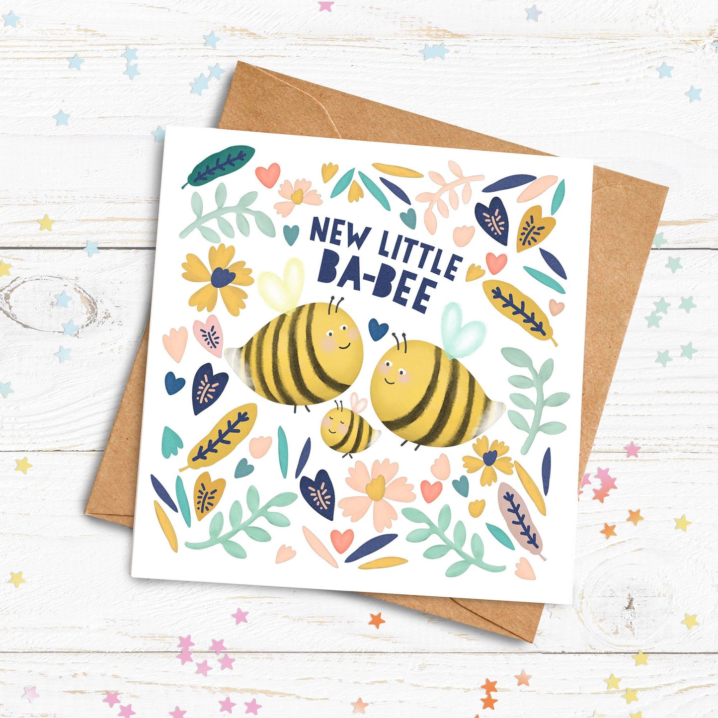 New Baby Bee Card. Personalised New Baby Card. Born on Card. Birth Celebration Card. Cute Bee Card. Send Direct Option.