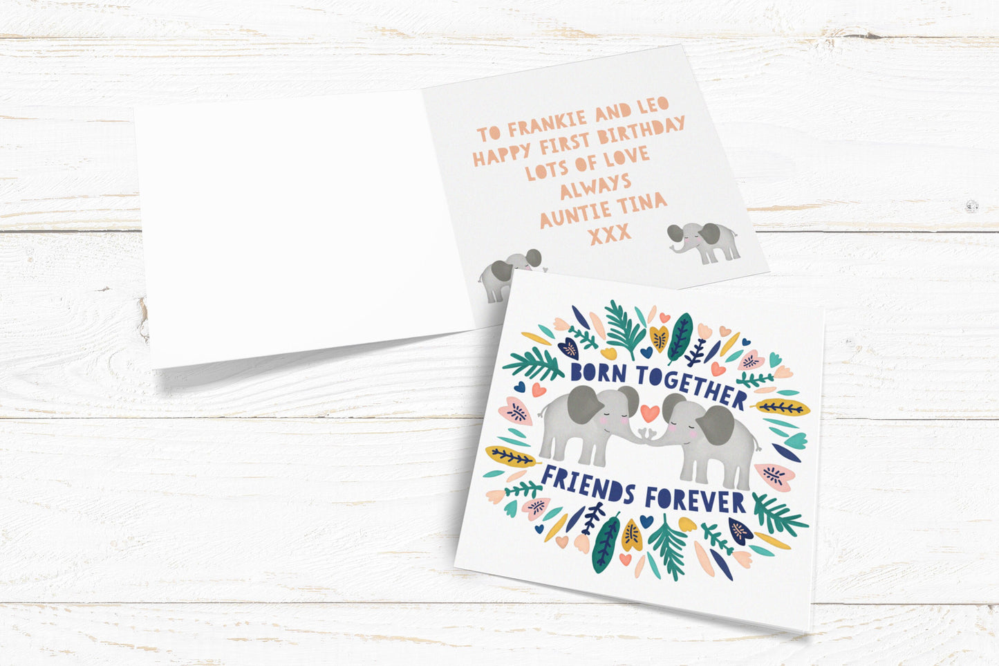 Elephant Born Together Friends Forever. Baby Twin Card. Birthday Twin Card. Cute Twin Card. Personalised Twin Card. Send Direct Option.