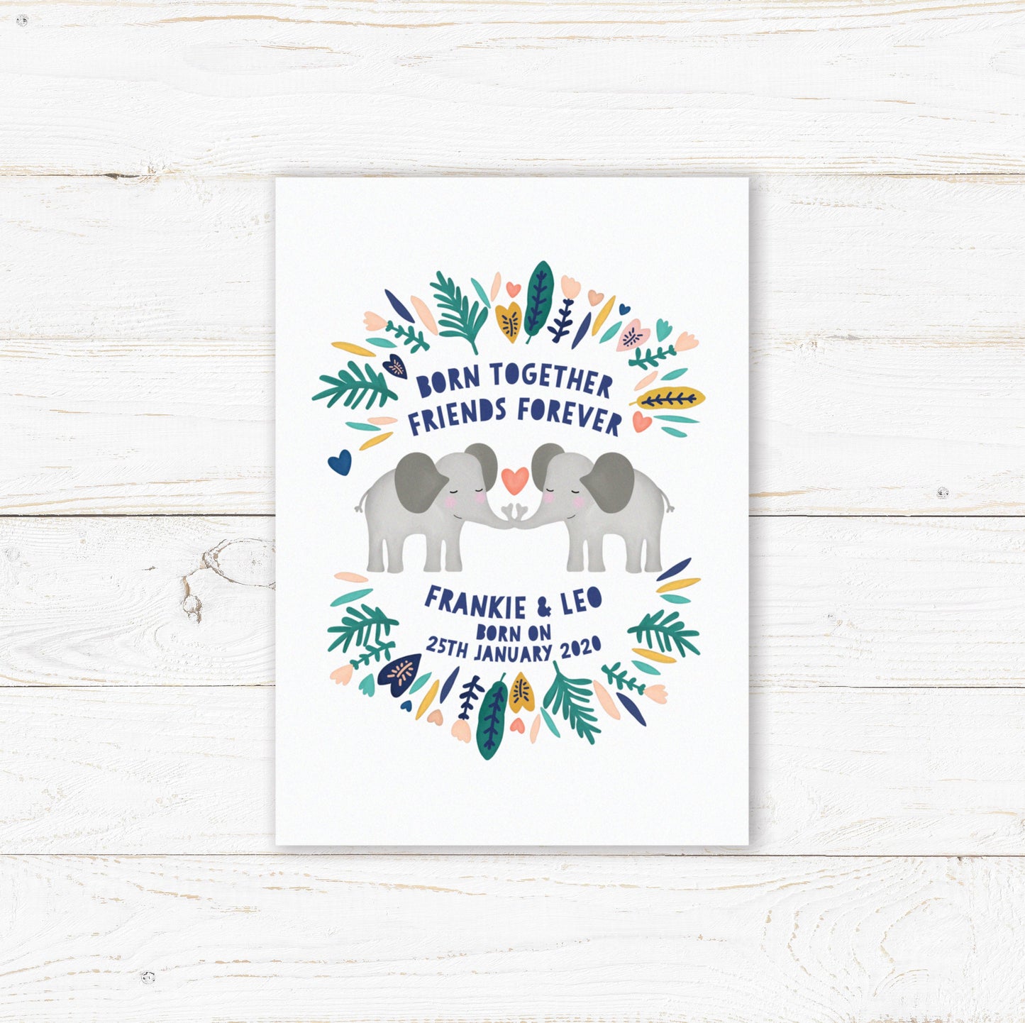 Elephant Twin Personalised Print. Nursery Childs Bedroom. New Baby Gift. Twin Gifts. Child's Birthday Present. Naming Day Wall Art