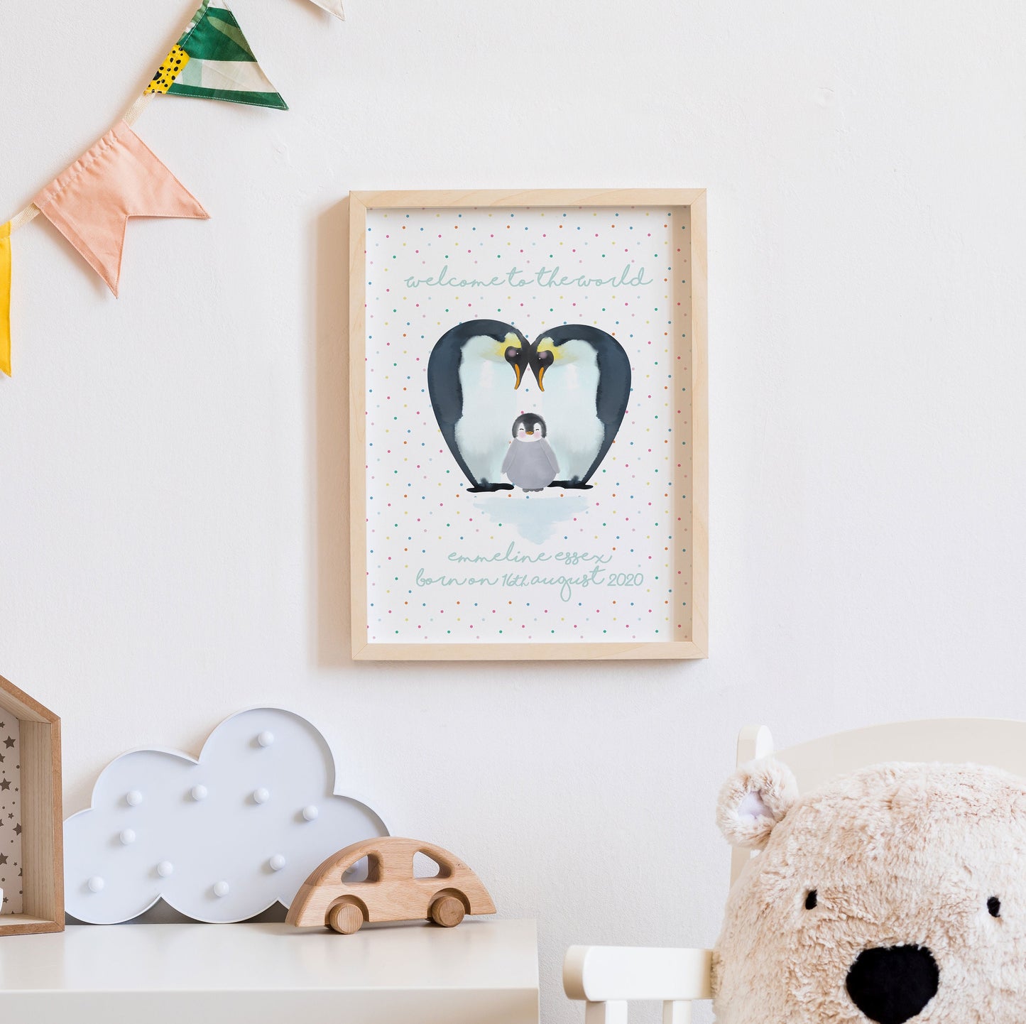 Penguin Welcome to the World Print. Nursery Childs Bedroom. New Baby Gift. Cute Baby Gift. Naming Day Wall Art