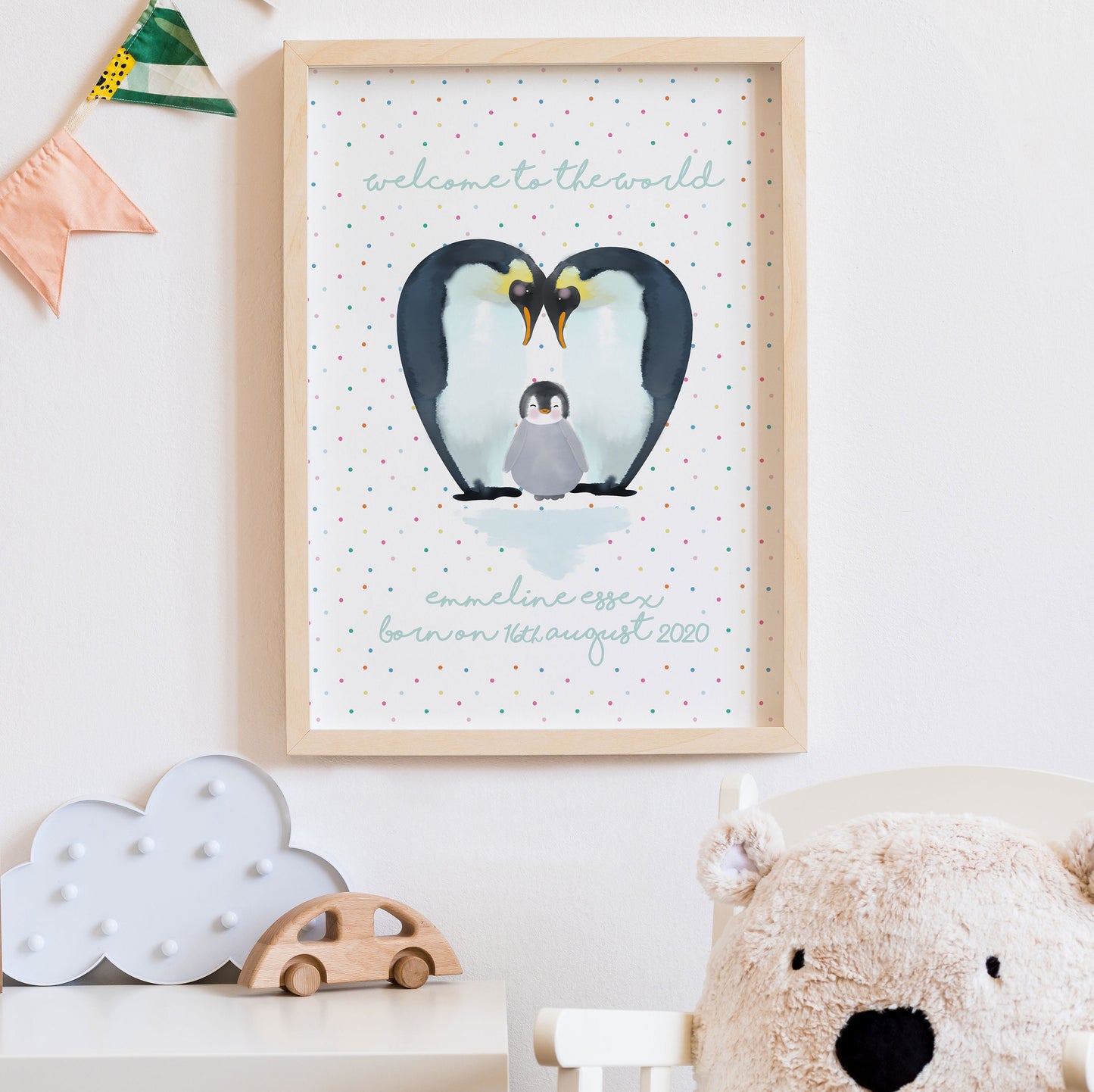 Penguin Welcome to the World Print. Nursery Childs Bedroom. New Baby Gift. Cute Baby Gift. Naming Day Wall Art