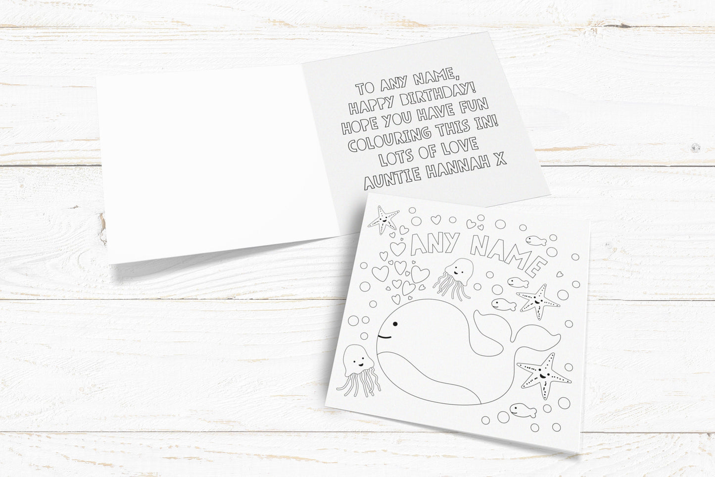 Colour Me In Card. Whale Card. Personalised Colouring In Card. Cute Card. Kids Birthday Cards. Send Direct Option.