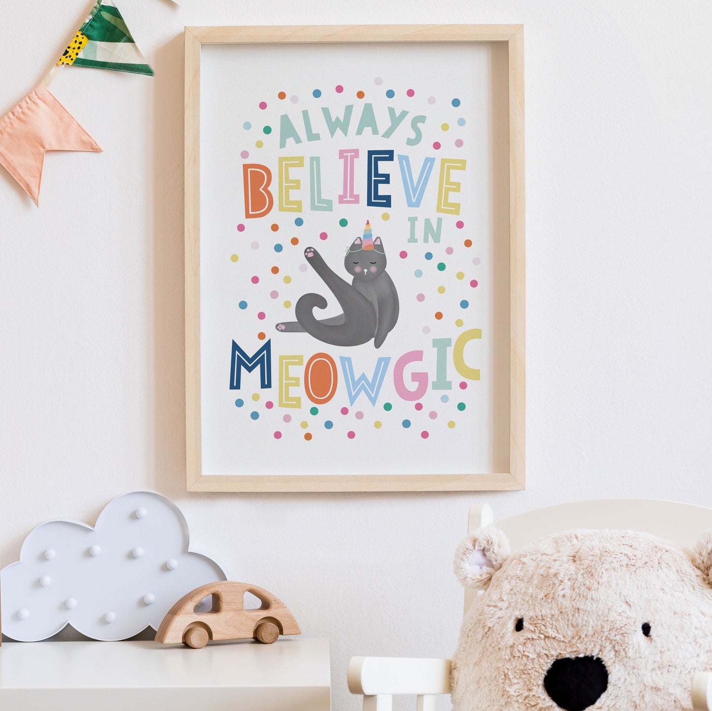 Believe in Meowgic Print. Nursery Childs Bedroom Wall Print. Unicorn Print. Child's Birthday Present. Naming Day Wall Art