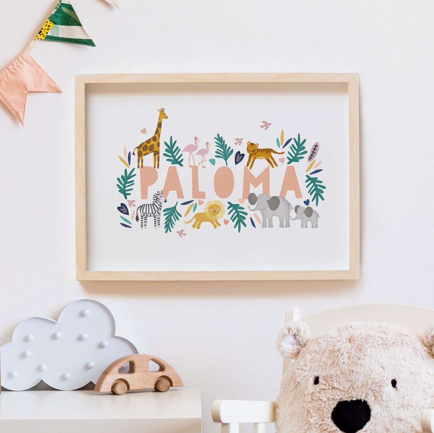 Animal Name Print. Nursery Childs Bedroom. New Baby Gift. Personalised Name Print. Child's Birthday Present. Naming Day Wall Art