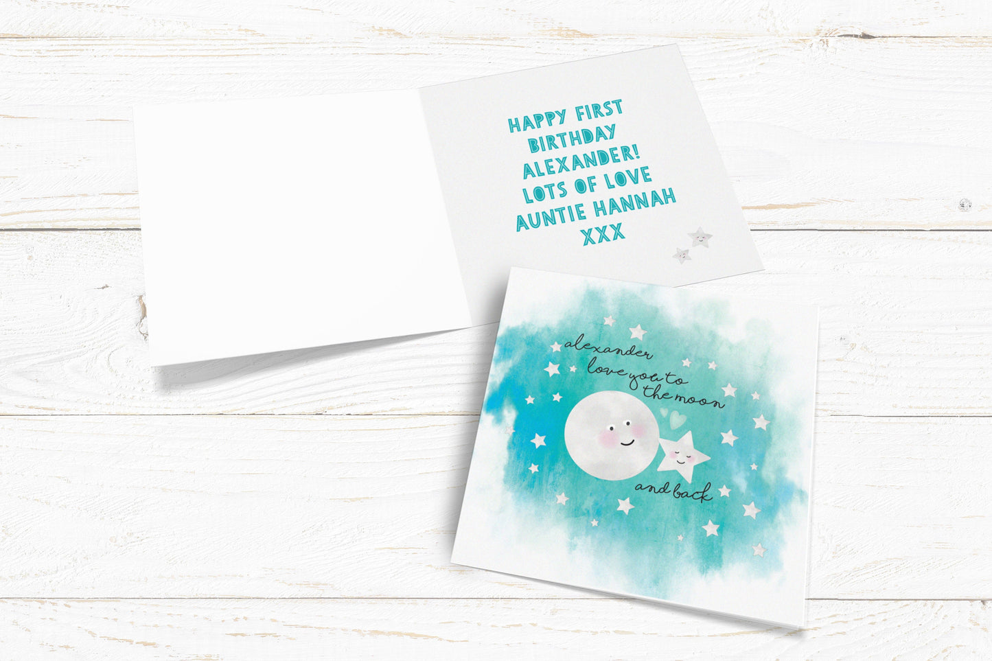 Love You To The Moon and Back Card. Personalised Space Card. Cute moon and star Card. Personalised Birthday Card. Send Direct Option.