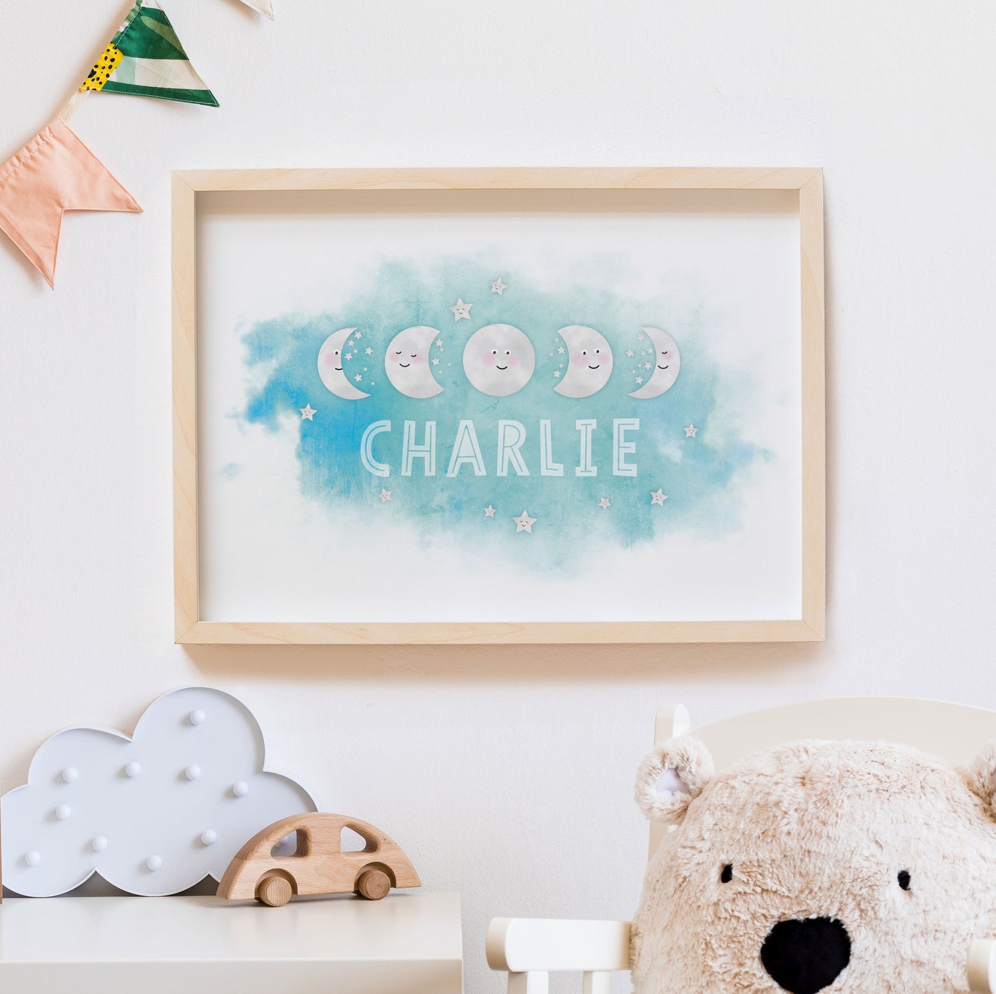 Moon Phases Name Print. Nursery Childs Bedroom. New Baby Gift. Personalised Name Print. Child's Birthday Present. Cute Space Theme Print.