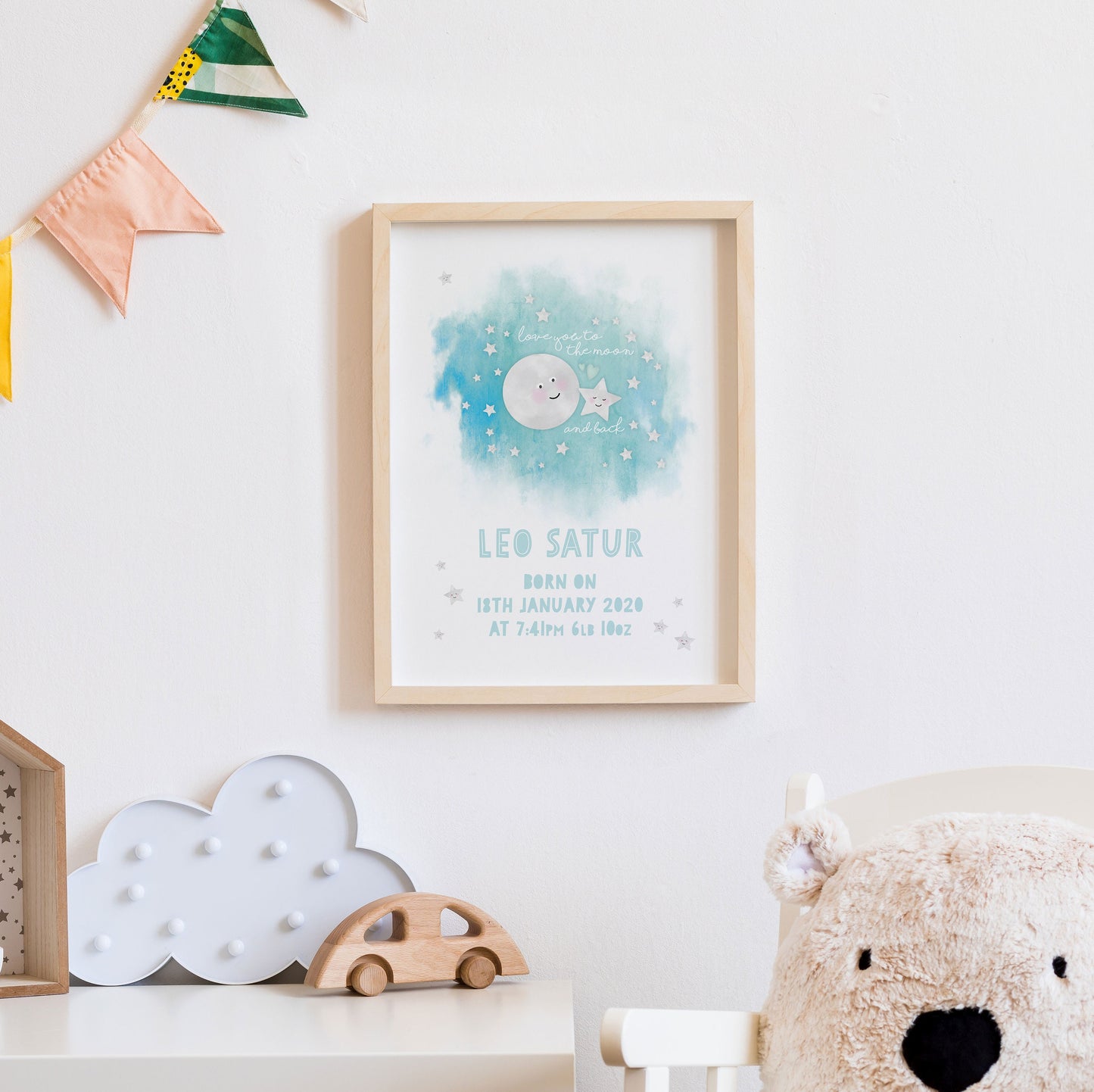 Love you to the moon and back personalised print. Nursery Childs Bedroom Wall Print. New Baby Gift. Naming Day Christening Gift.