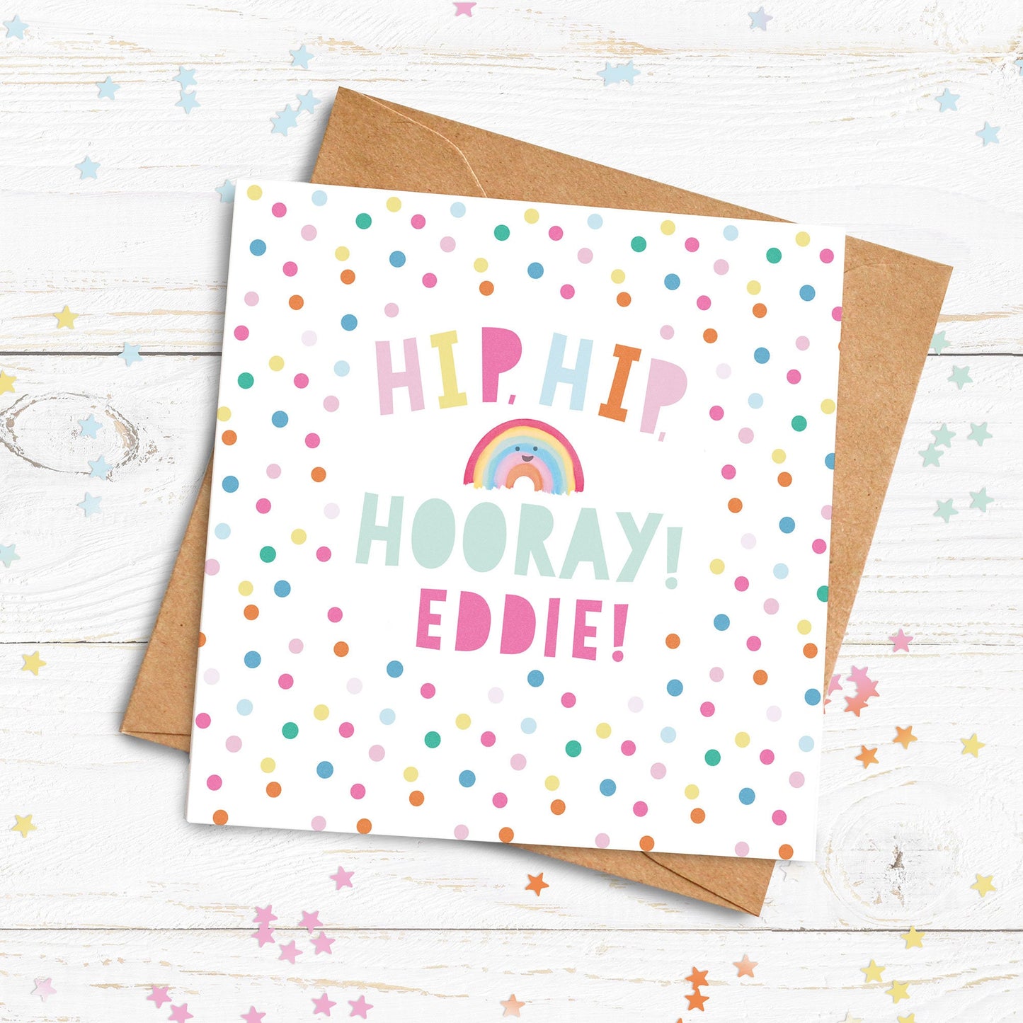 Hip, Hip Hooray! Rainbow Card. Personalised Well Done Card. Congratulations Card. Passed Exams Card. Graduation Card. Send Direct Option.
