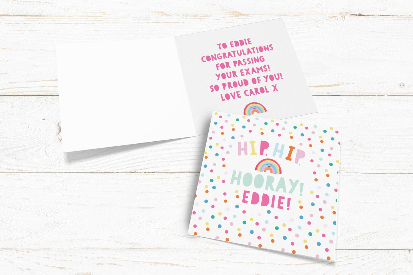 Hip, Hip Hooray! Rainbow Card. Personalised Well Done Card. Congratulations Card. Passed Exams Card. Graduation Card. Send Direct Option.