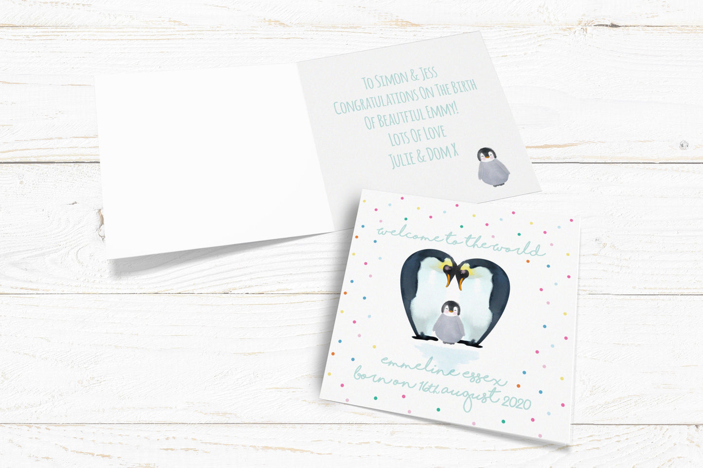 Welcome to the World Penguin Card. Personalised New Baby Card. Cute Penguin Card. Send Direct Option.
