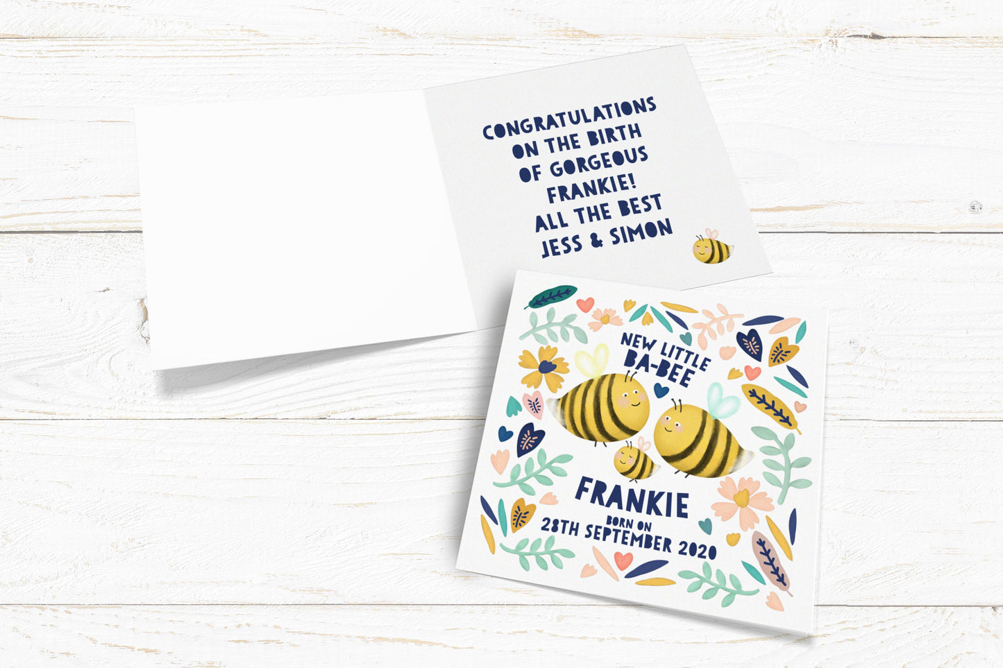 New Baby Bee Card. Personalised New Baby Card. Born on Card. Birth Celebration Card. Cute Bee Card. Send Direct Option.