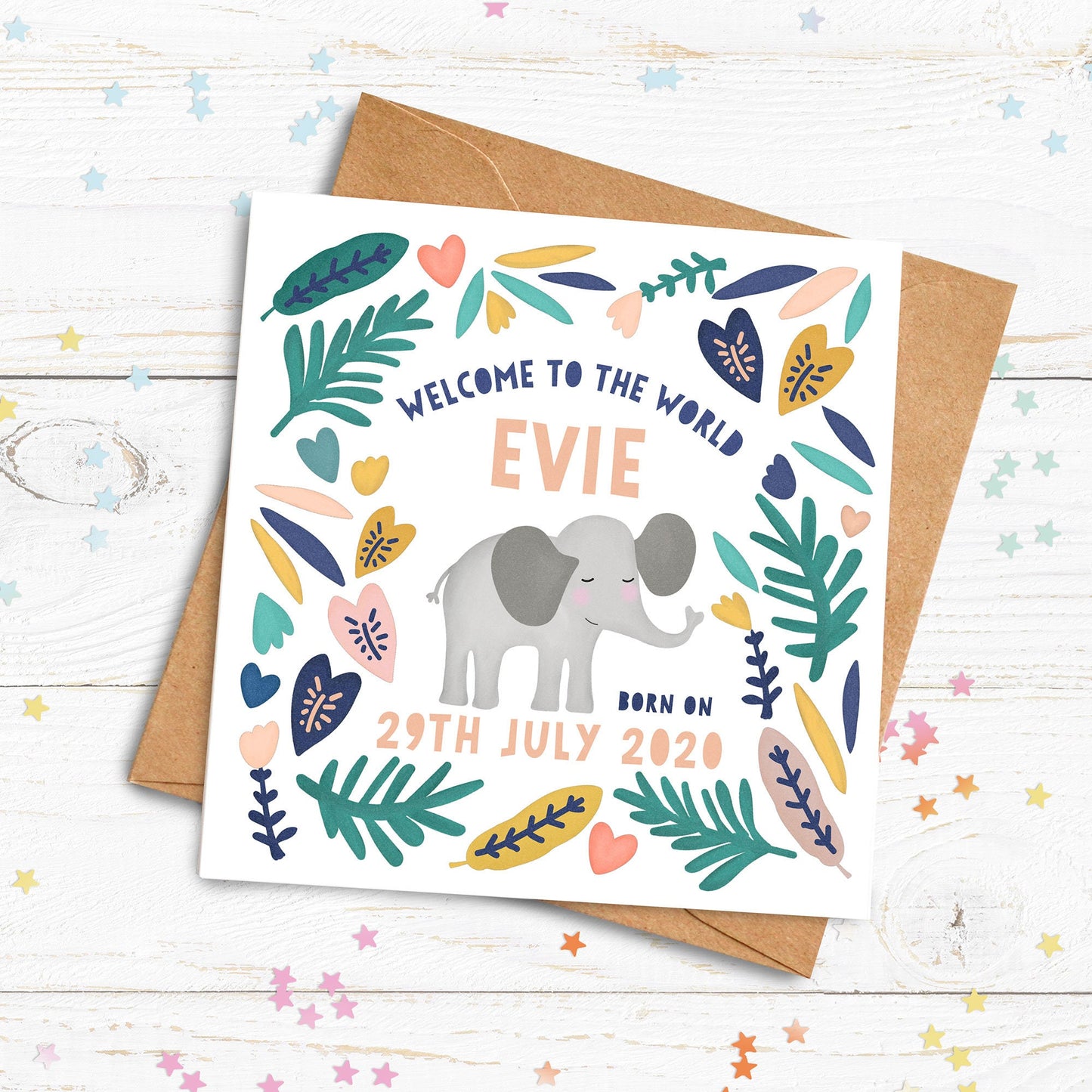 Personalised Little Elephant Card. Happy Birthday Card. Welcome to the world card. Naming Day Card. Send Direct Option.