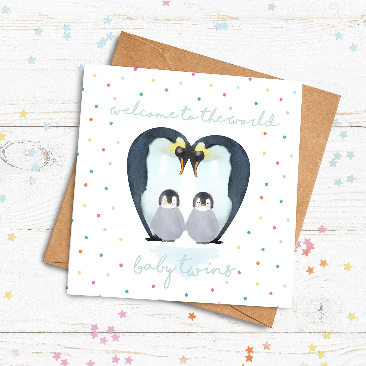 Baby Twins Penguin Card. Personalised New Baby Card. Cute Penguin Card. Cards for twins. Send Direct Option.
