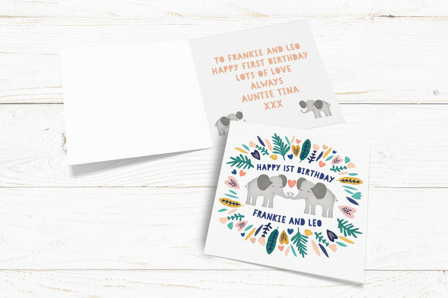 Elephant Born Together Friends Forever. Baby Twin Card. Birthday Twin Card. Cute Twin Card. Personalised Twin Card. Send Direct Option.
