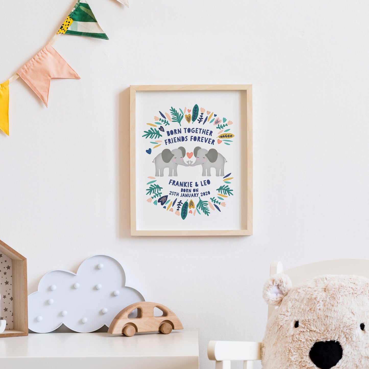 Elephant Twin Personalised Print. Nursery Childs Bedroom. New Baby Gift. Twin Gifts. Child's Birthday Present. Naming Day Wall Art