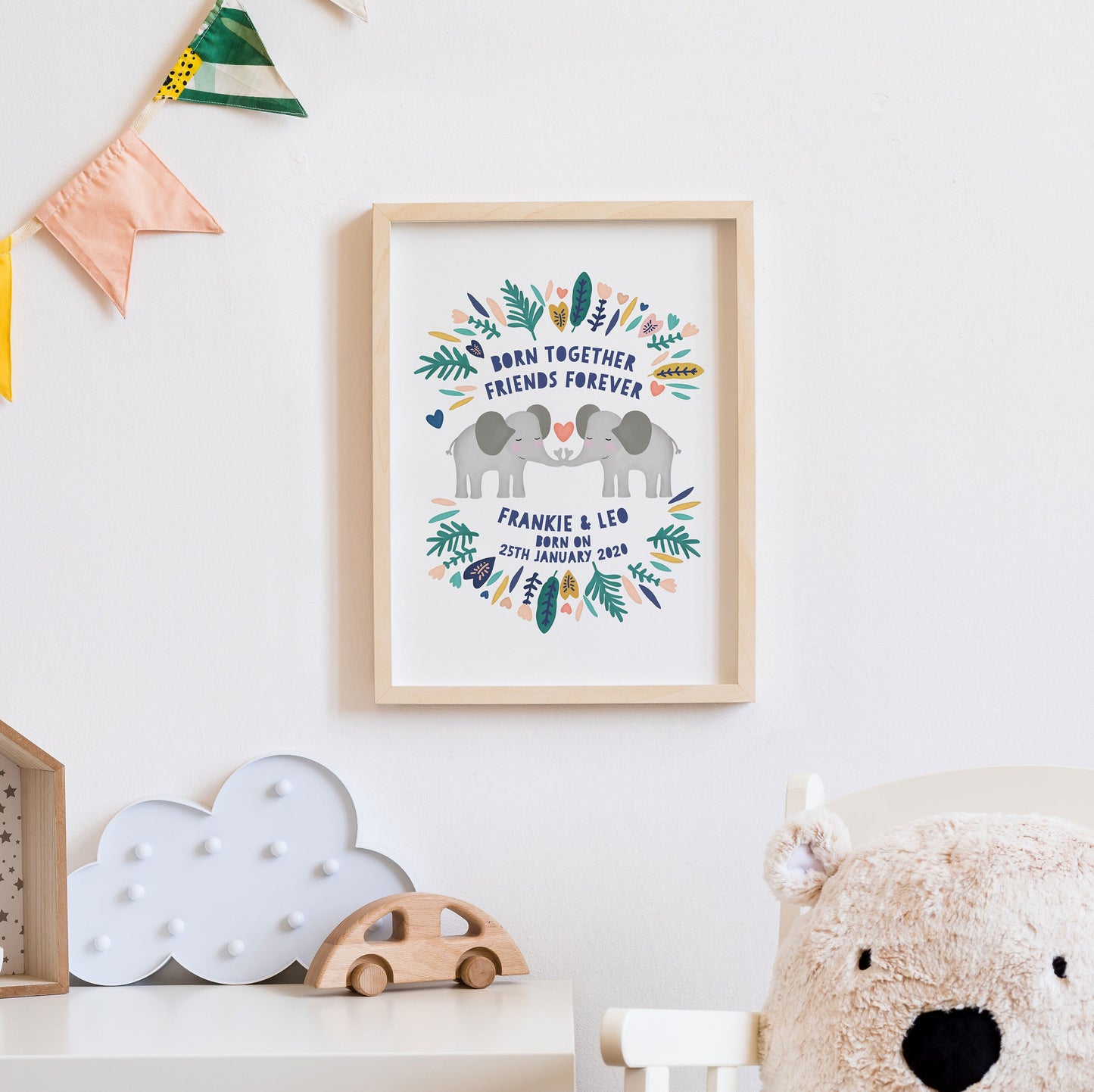 Elephant Twin Personalised Print. Nursery Childs Bedroom. New Baby Gift. Twin Gifts. Child's Birthday Present. Naming Day Wall Art