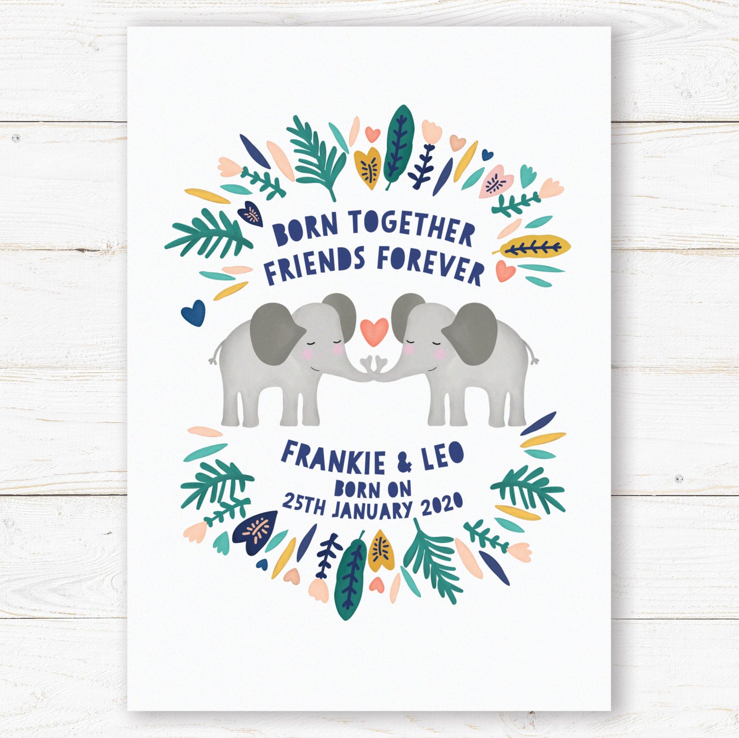 Elephant Twin Personalised Print. Nursery Childs Bedroom. New Baby Gift. Twin Gifts. Child's Birthday Present. Naming Day Wall Art