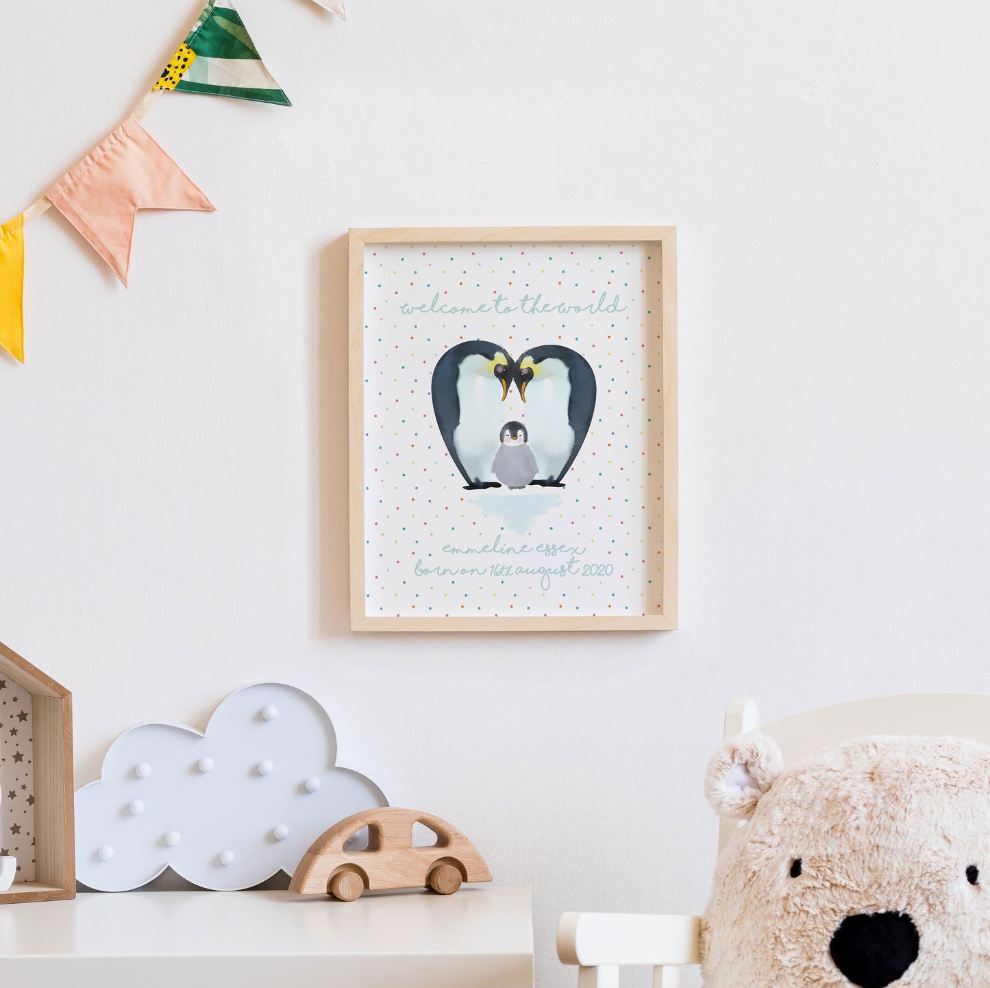 Penguin Welcome to the World Print. Nursery Childs Bedroom. New Baby Gift. Cute Baby Gift. Naming Day Wall Art