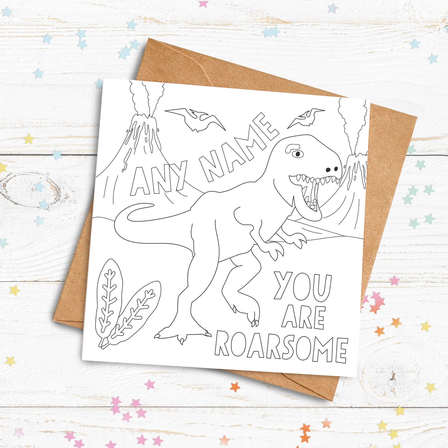 Colour Me In Card. Dinosaur Card. Personalised Colouring In Card. Cute Card. Kids Birthday Cards. Send Direct Option.