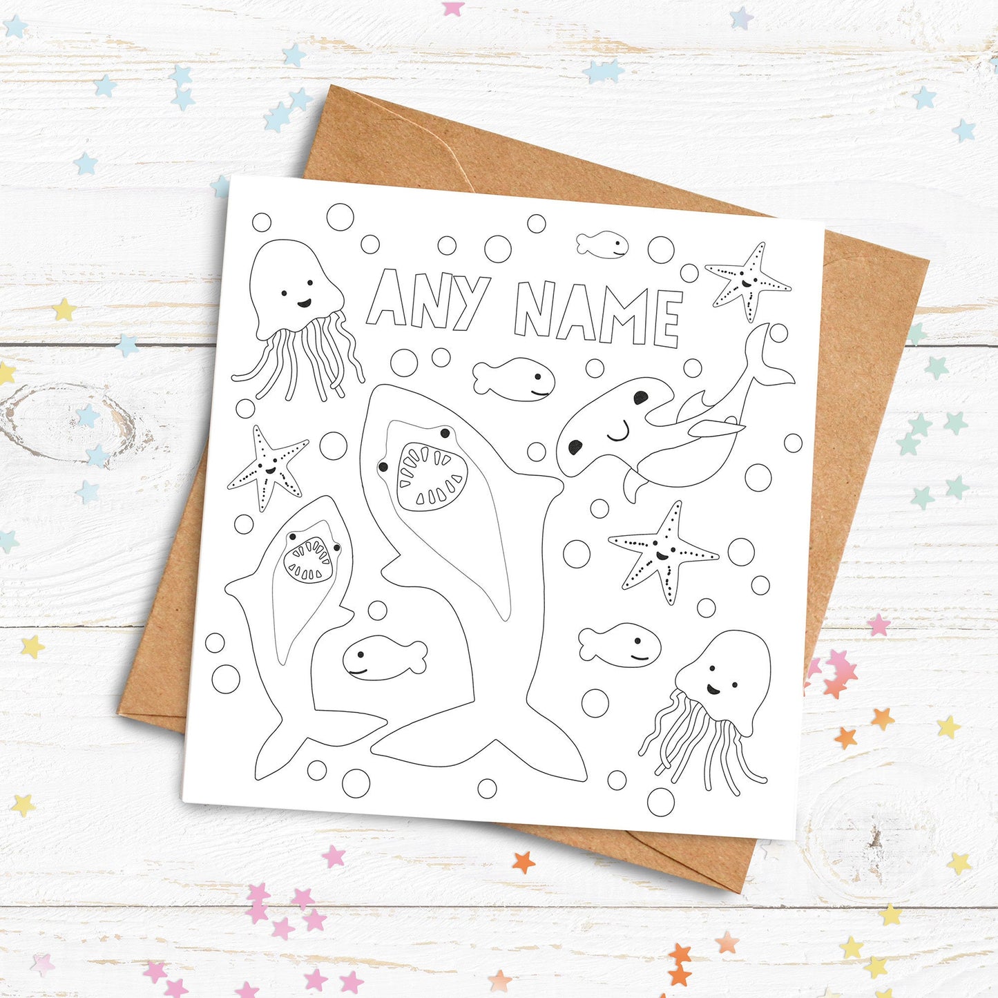 Colour Me In Card. Shark and Jellyfish Card. Personalised Colouring In Card. Cute Card. Kids Birthday Cards. Send Direct Option.