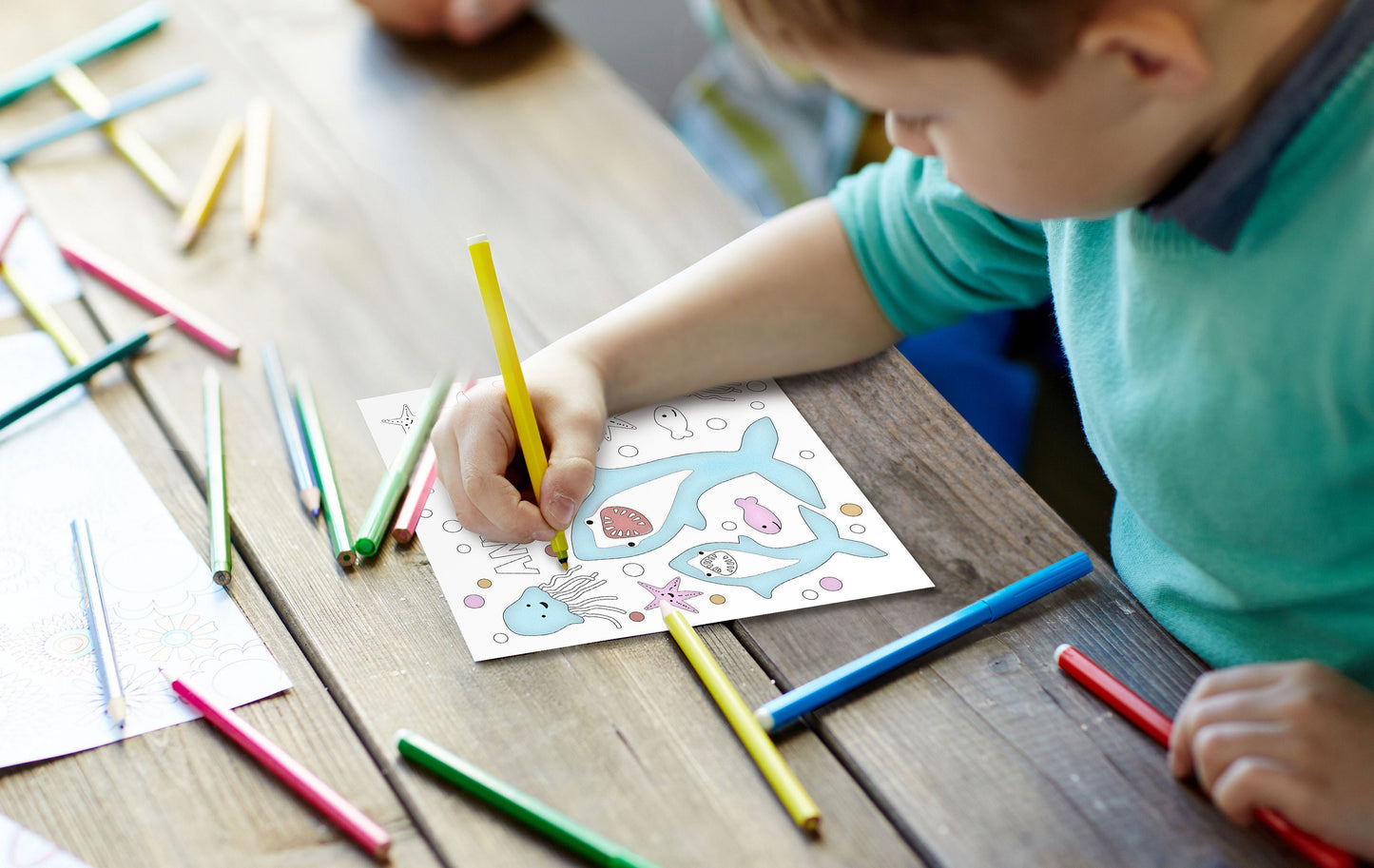 Colour Me In Card. Shark and Jellyfish Card. Personalised Colouring In Card. Cute Card. Kids Birthday Cards. Send Direct Option.