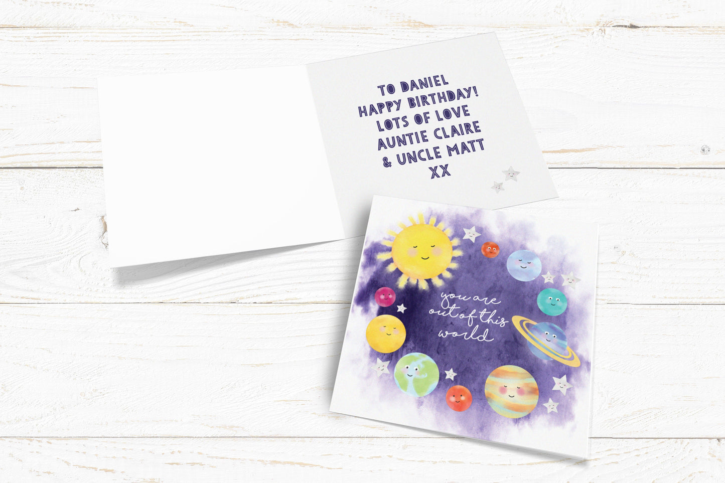 Out of this World Card. Personalised Space Card. Cute Planets Card. Personalised Birthday Card. Send Direct Option.