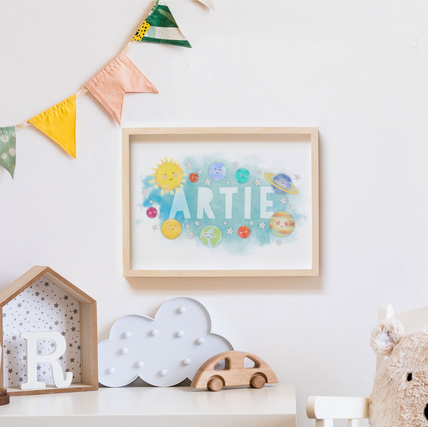 Solar System Name Print. Nursery Childs Bedroom. New Baby Gift. Personalised Name Print. Child's Birthday Present. Cute Space Theme Print.