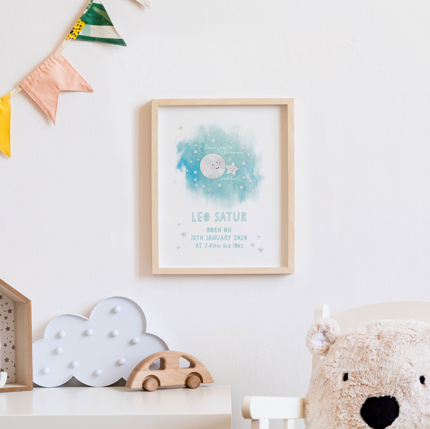 Love you to the moon and back personalised print. Nursery Childs Bedroom Wall Print. New Baby Gift. Naming Day Christening Gift.