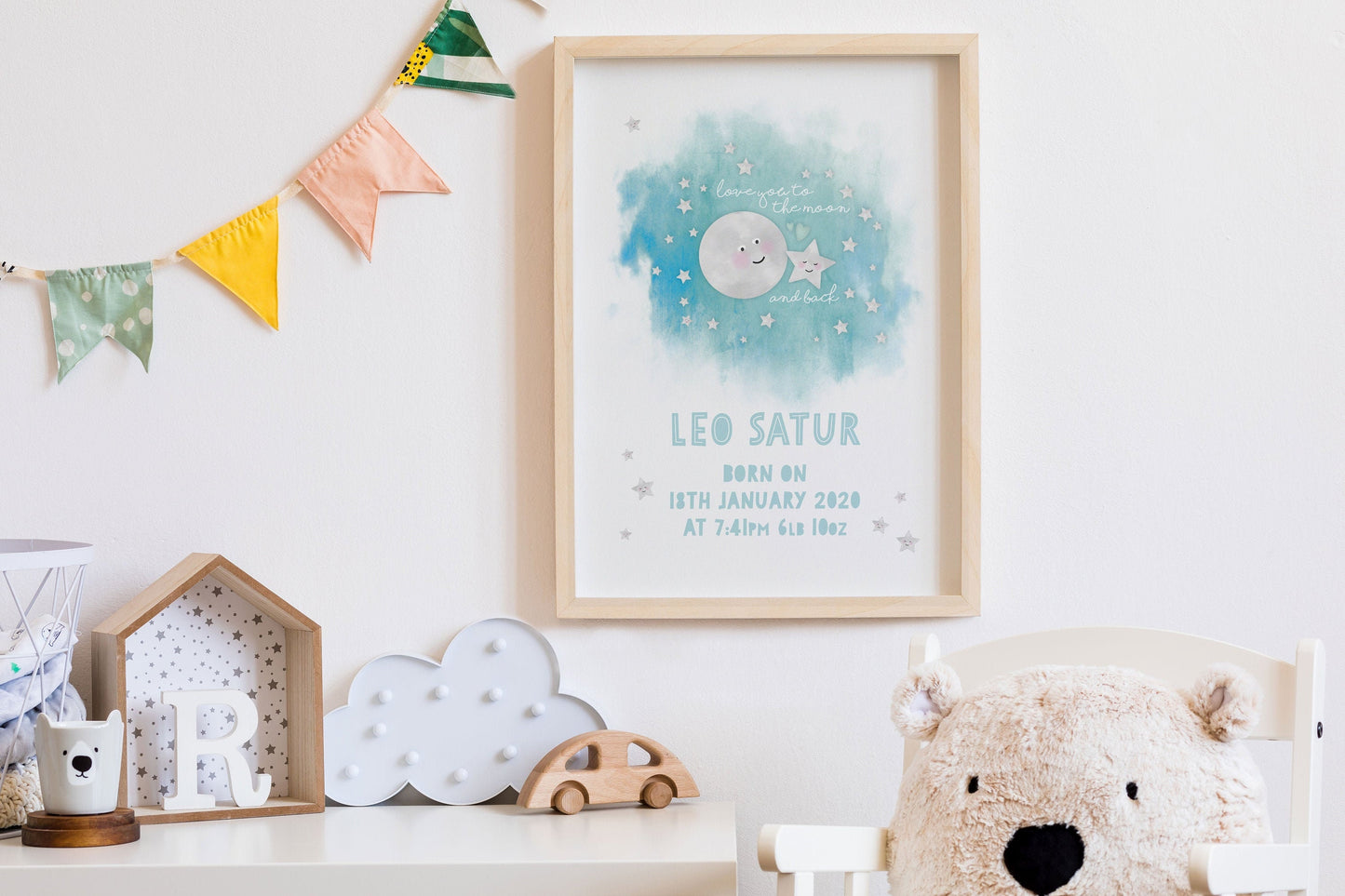 Love you to the moon and back personalised print. Nursery Childs Bedroom Wall Print. New Baby Gift. Naming Day Christening Gift.