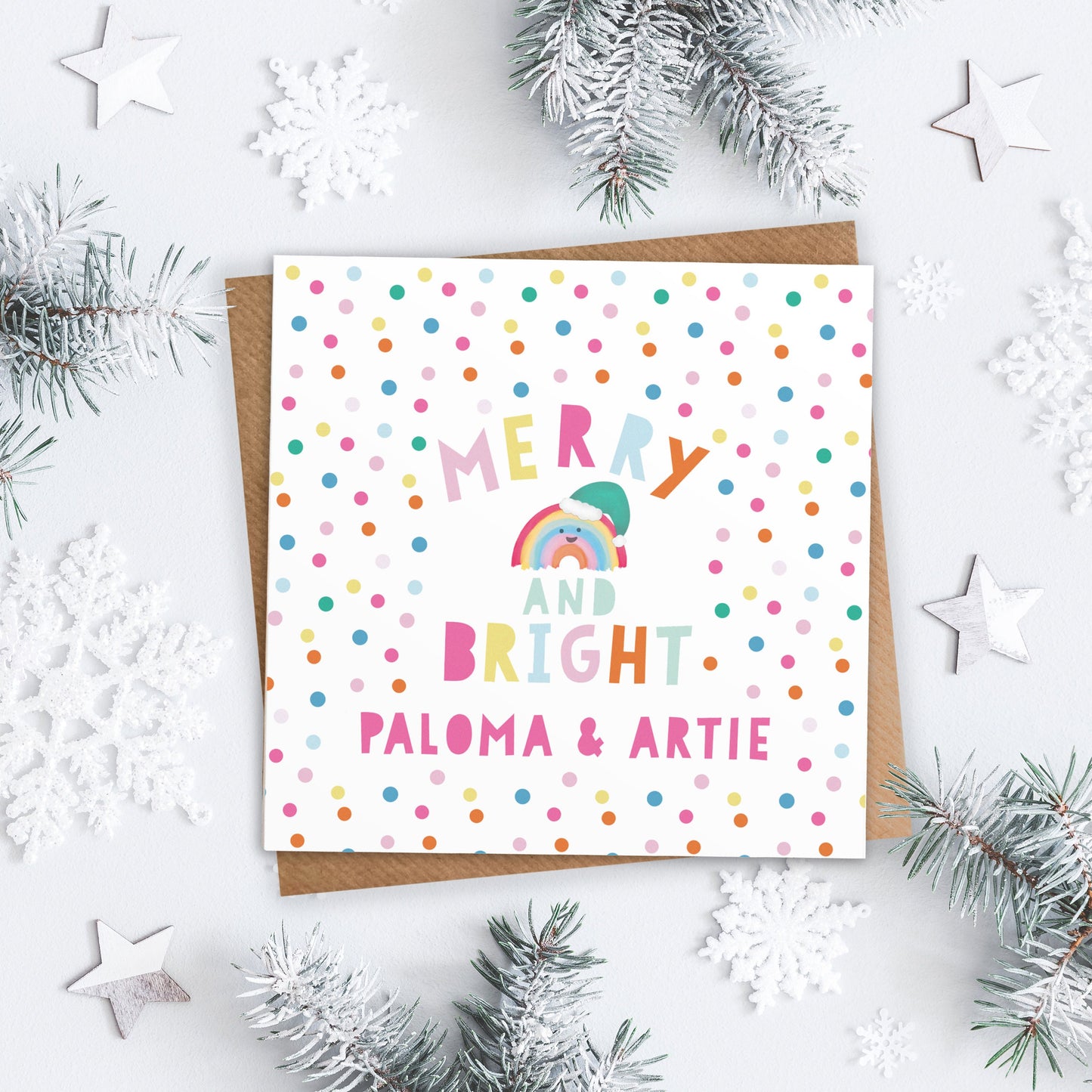 Merry And Bright Rainbow Christmas Card. Personalised Christmas Card. Festive Rainbow Card. Cute Christmas Cards. Send Direct Option.