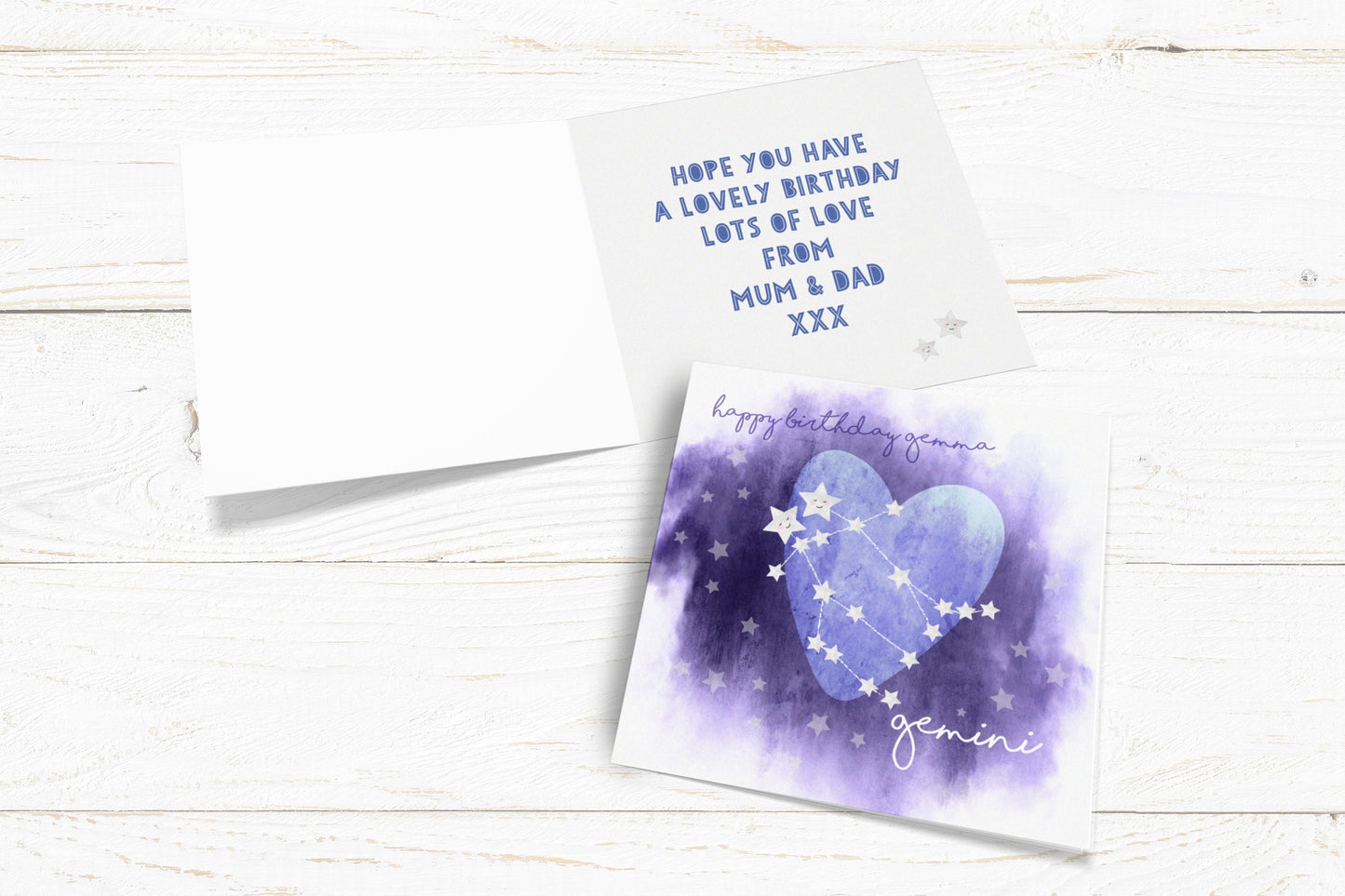 Star Sign Cards. Personalised Zodiac Cards. Cute Stars Card. Personalised Birthday Card. Send Direct Option.