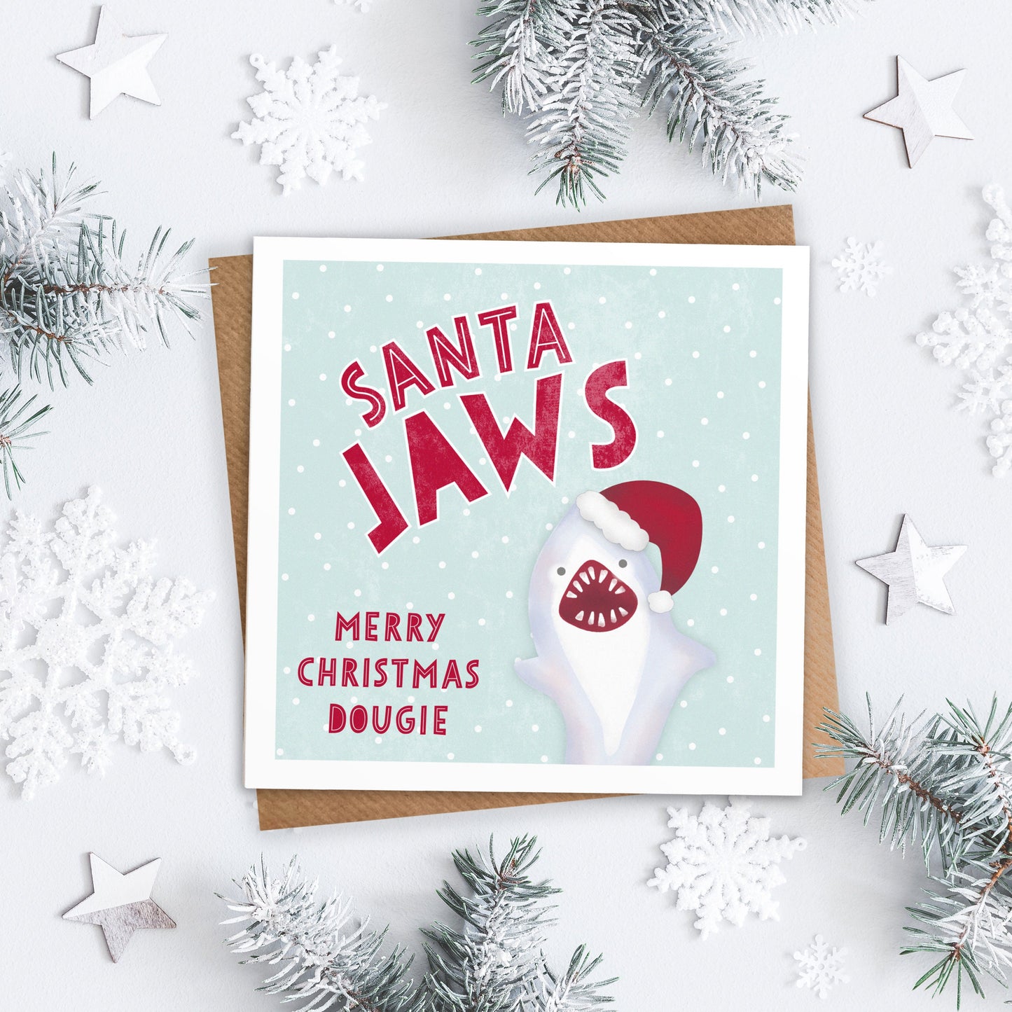 Santa Jaws Christmas Card. Personalised Christmas Card. Shark Card. Cute Shark Christmas Card. Cute Christmas Cards. Send Direct Option.