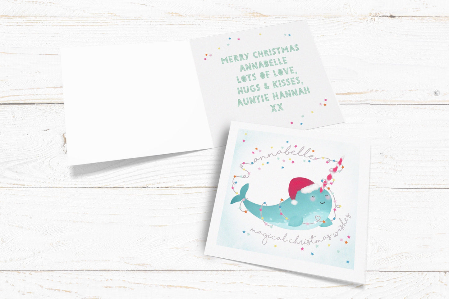 Narwhal magical Christmas wishes card. Personalised Christmas Card. Narwhal Card. Cute Christmas Card. Cute Christmas. Send direct option.