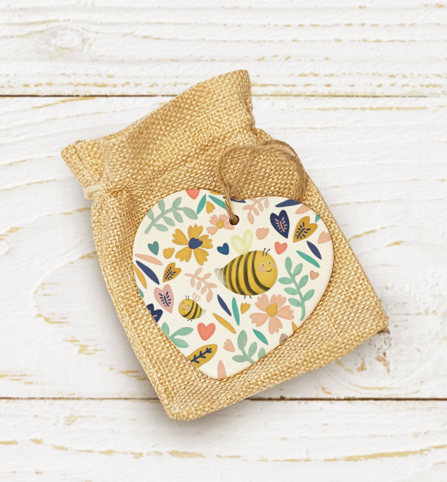 Cute Bumblebee Hanging Heart. Cute Bee Decoration. Ceramic ornament