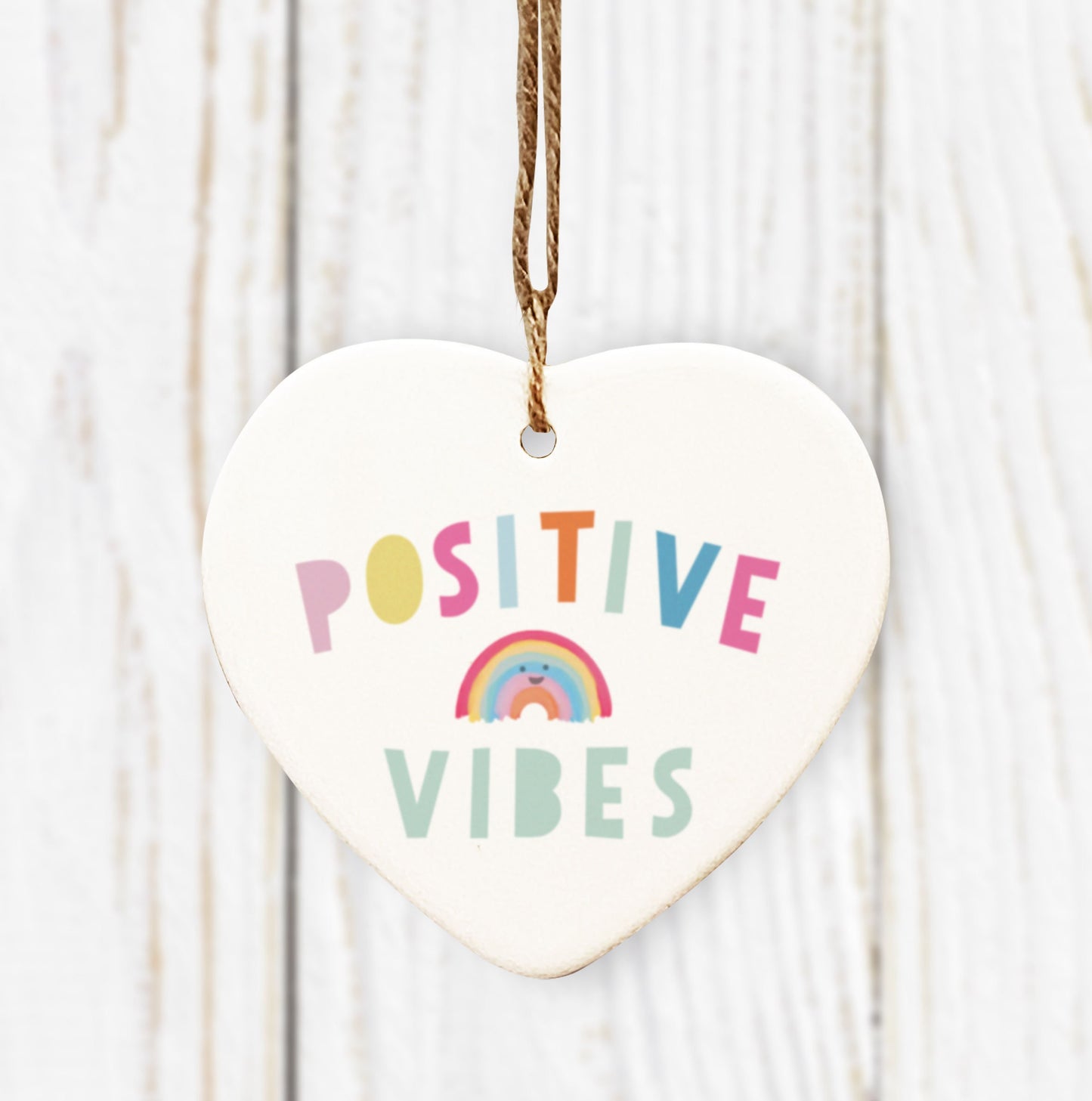 Positive Vibes Hanging Heart. Cute Rainbow Decoration. Thinking of you gift. Lockdown Gift. Thank you gift. Get well soon. Ceramic ornament