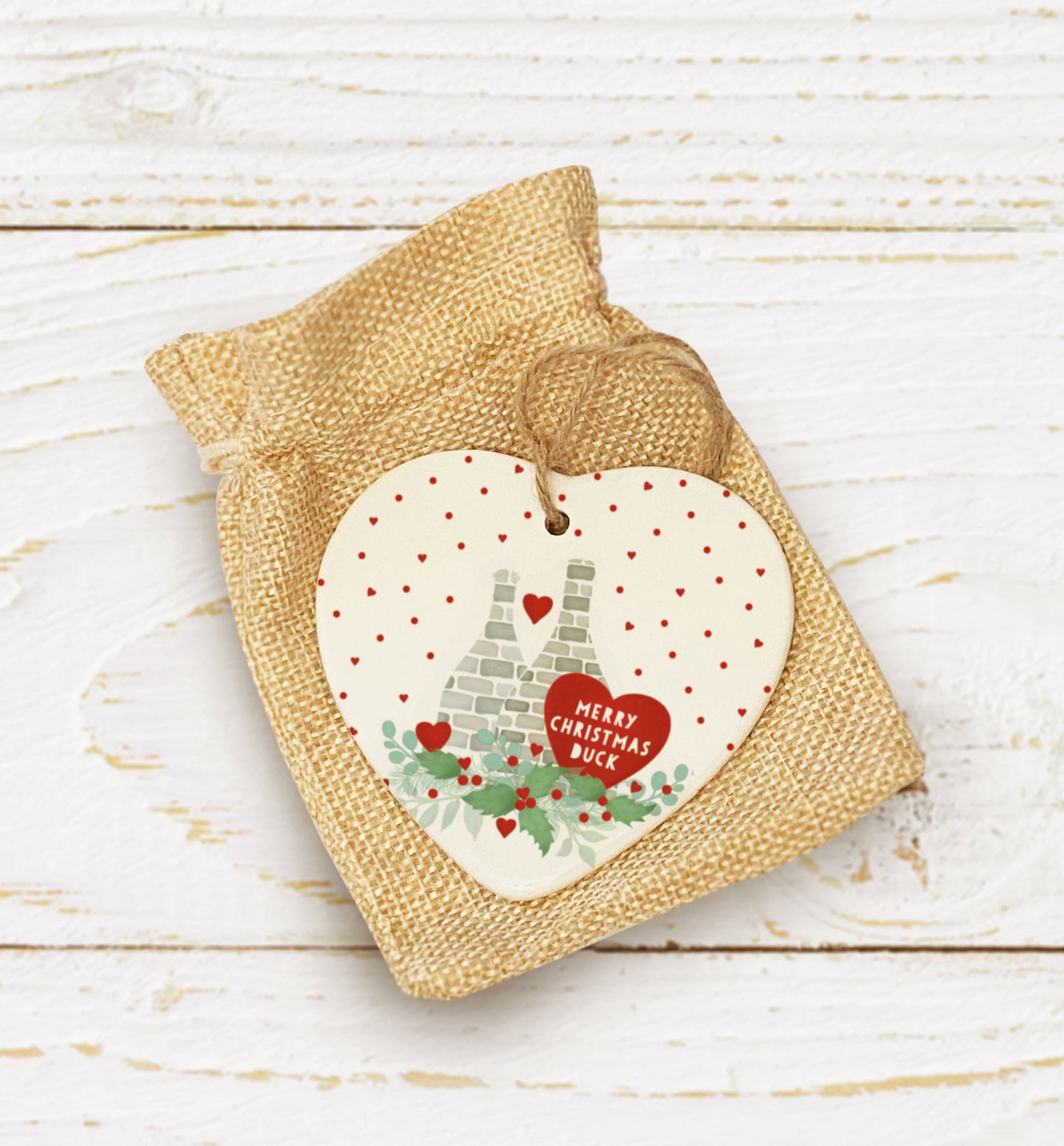 Merry Christmas Duck Heart Tree Decoration. Stoke on Trent Christmas Decoration. Potteries Christmas.Personalised Tree Bauble
