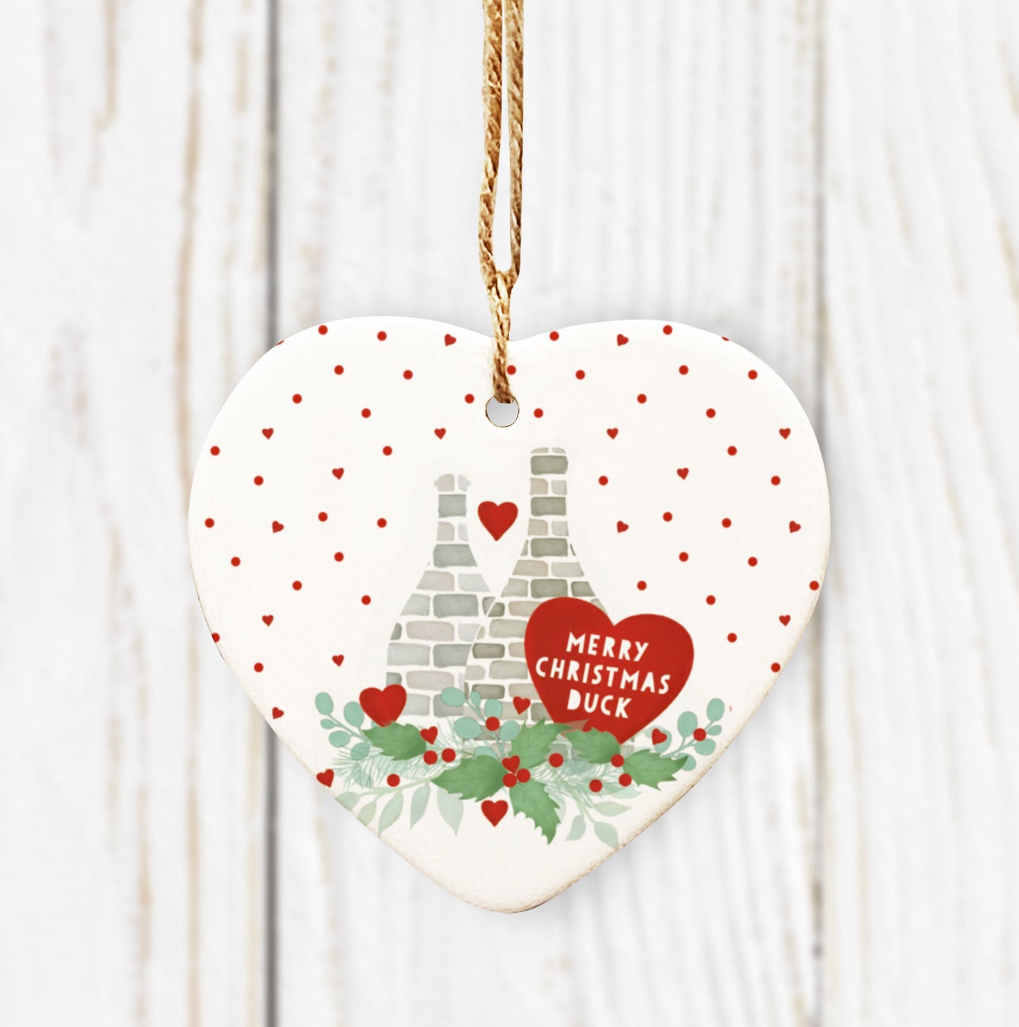 Merry Christmas Duck Heart Tree Decoration. Stoke on Trent Christmas Decoration. Potteries Christmas.Personalised Tree Bauble