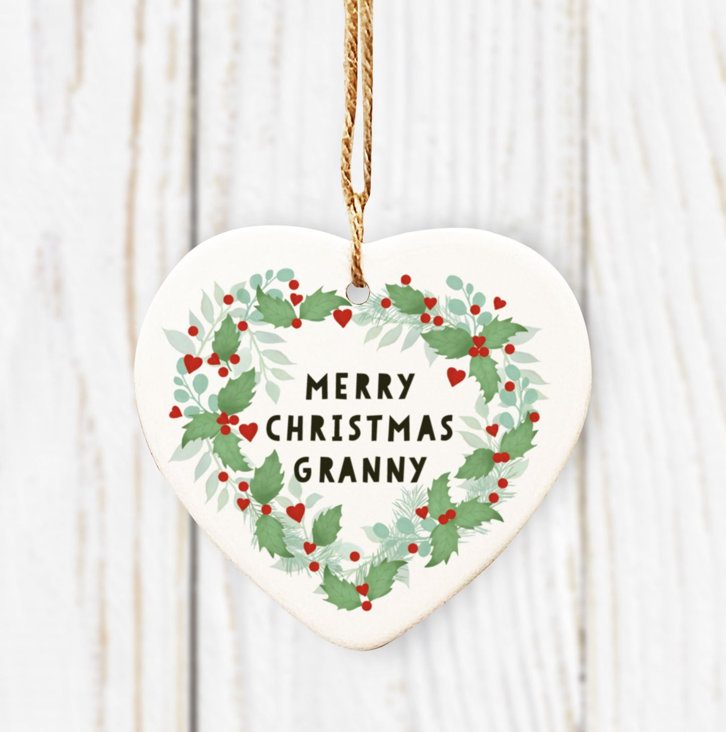 Merry Christmas Mum, Dad, Granny, Nan, Grandad Heart Tree Decoration. Holly & Foliage Wreath Christmas Decoration.Personalised Tree Bauble