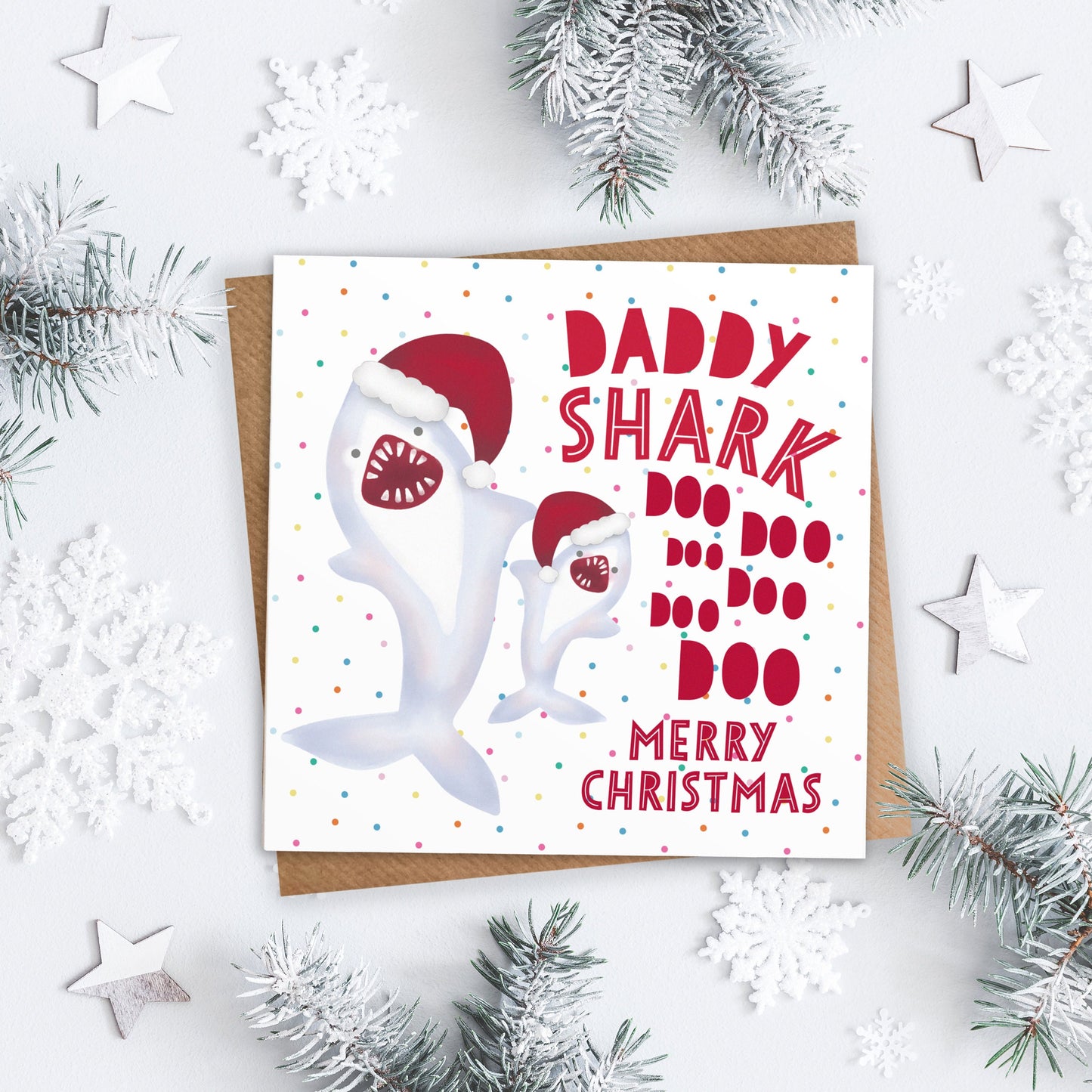 Daddy Shark Merry Christmas Card. Personalise for any name. For him. Dad Shark. Grandad Shark. Mummy Shark. Direct Send Option.