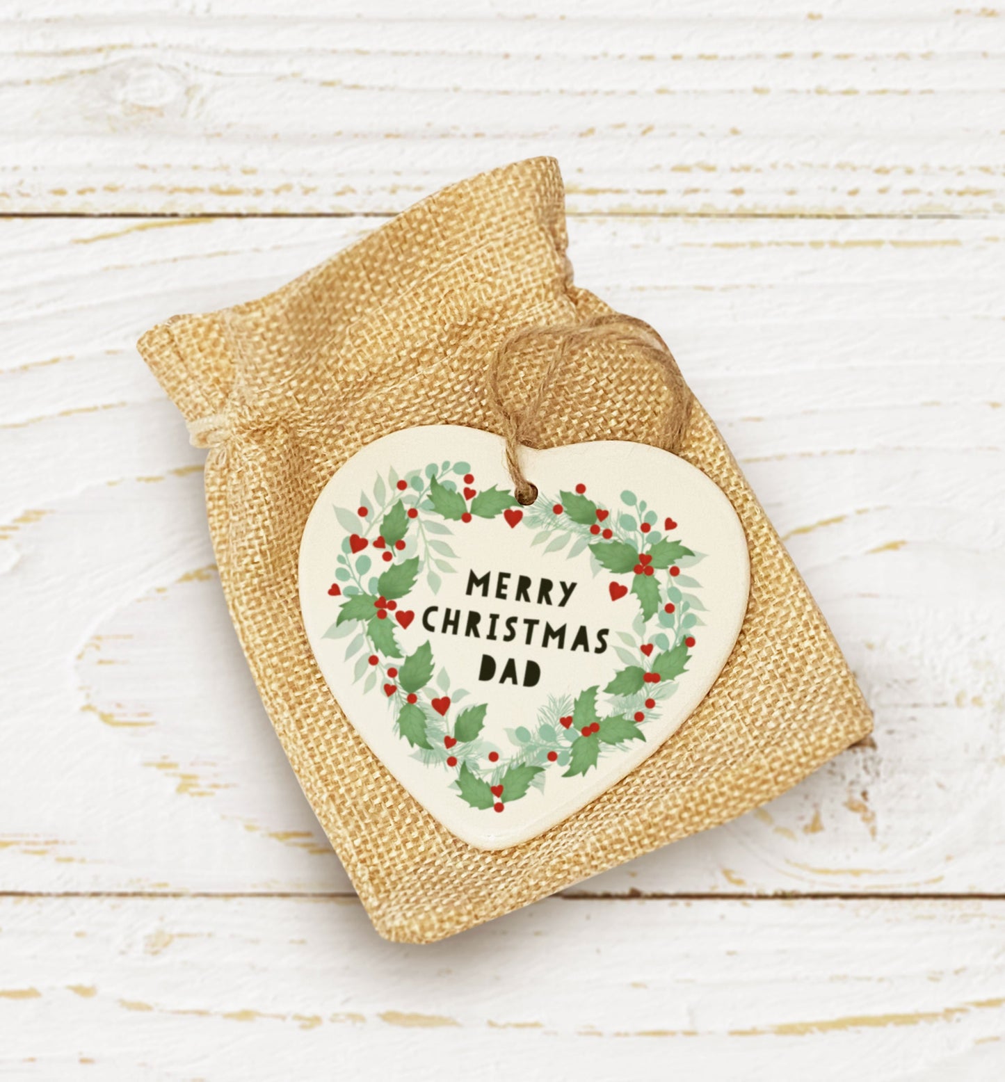 Merry Christmas Mum, Dad, Granny, Nan, Grandad Heart Tree Decoration. Holly & Foliage Wreath Christmas Decoration.Personalised Tree Bauble