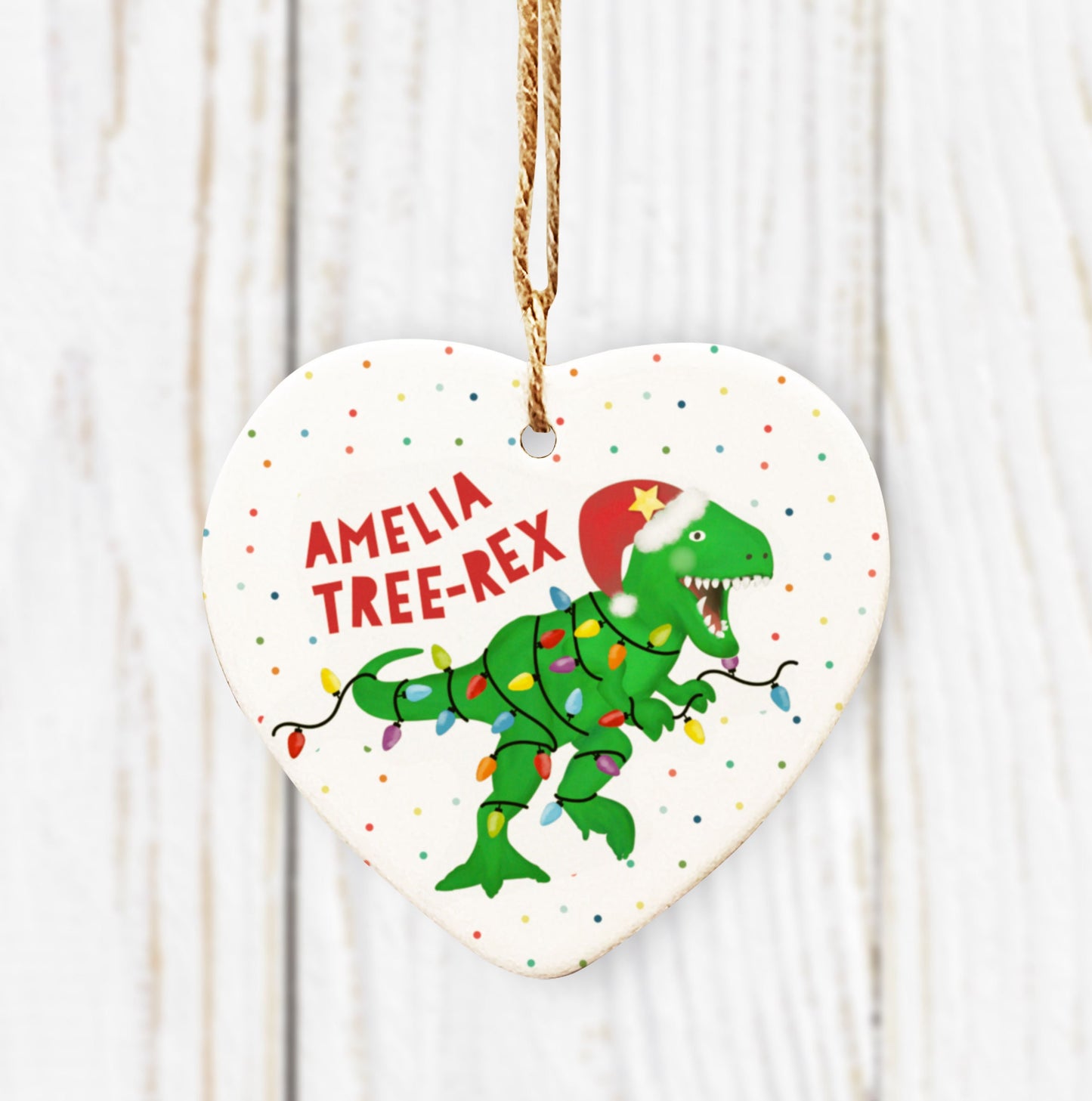 Tree-Rex Heart Tree Decoration. Dinosaur Christmas Decoration. T-rex Personalised Bauble. Children's Christmas. Personalised Tree Bauble