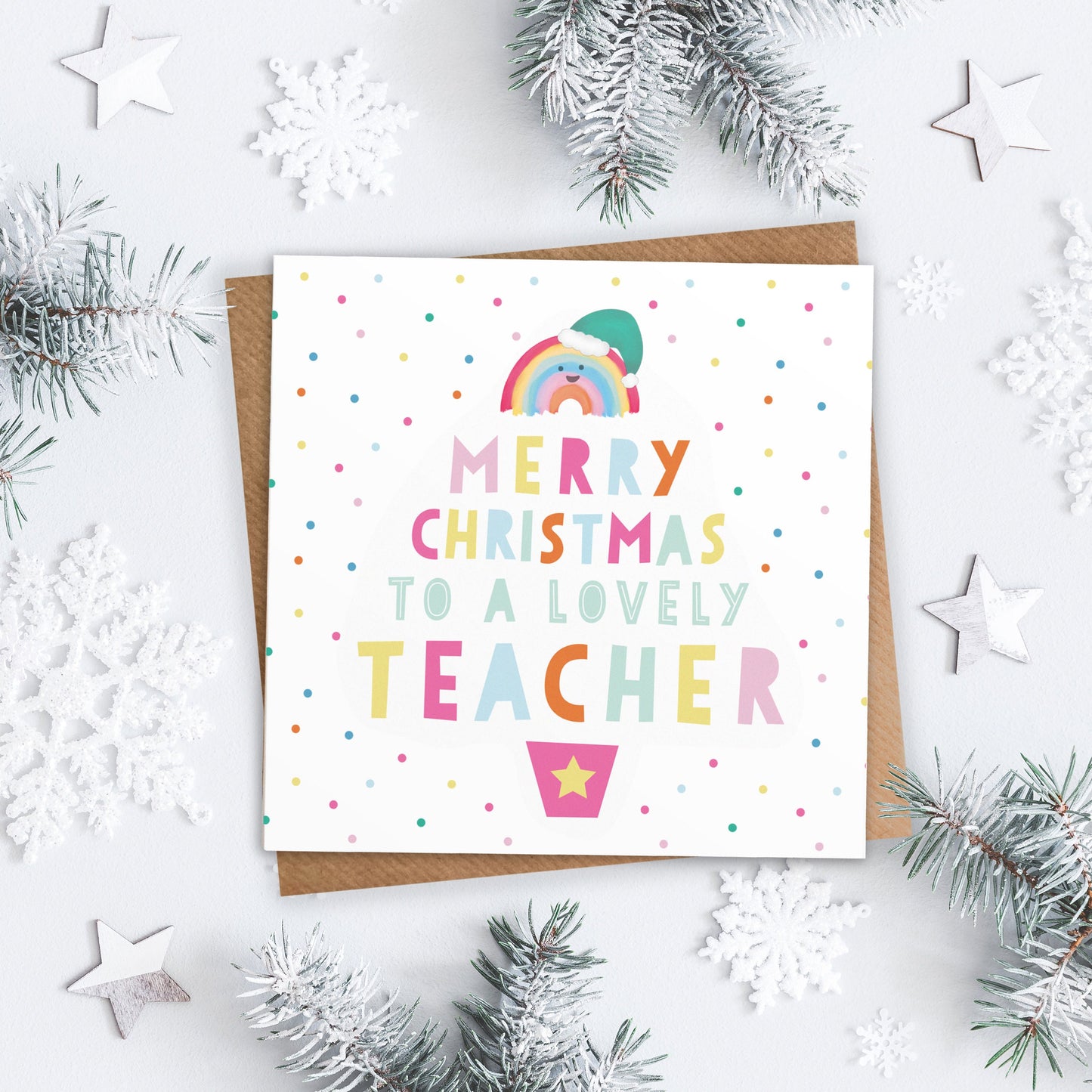 Merry Christmas to a lovely Teacher card. Personalised Christmas Card. Festive Rainbow Card. Christmas Teacher Cards. Send Direct Option.