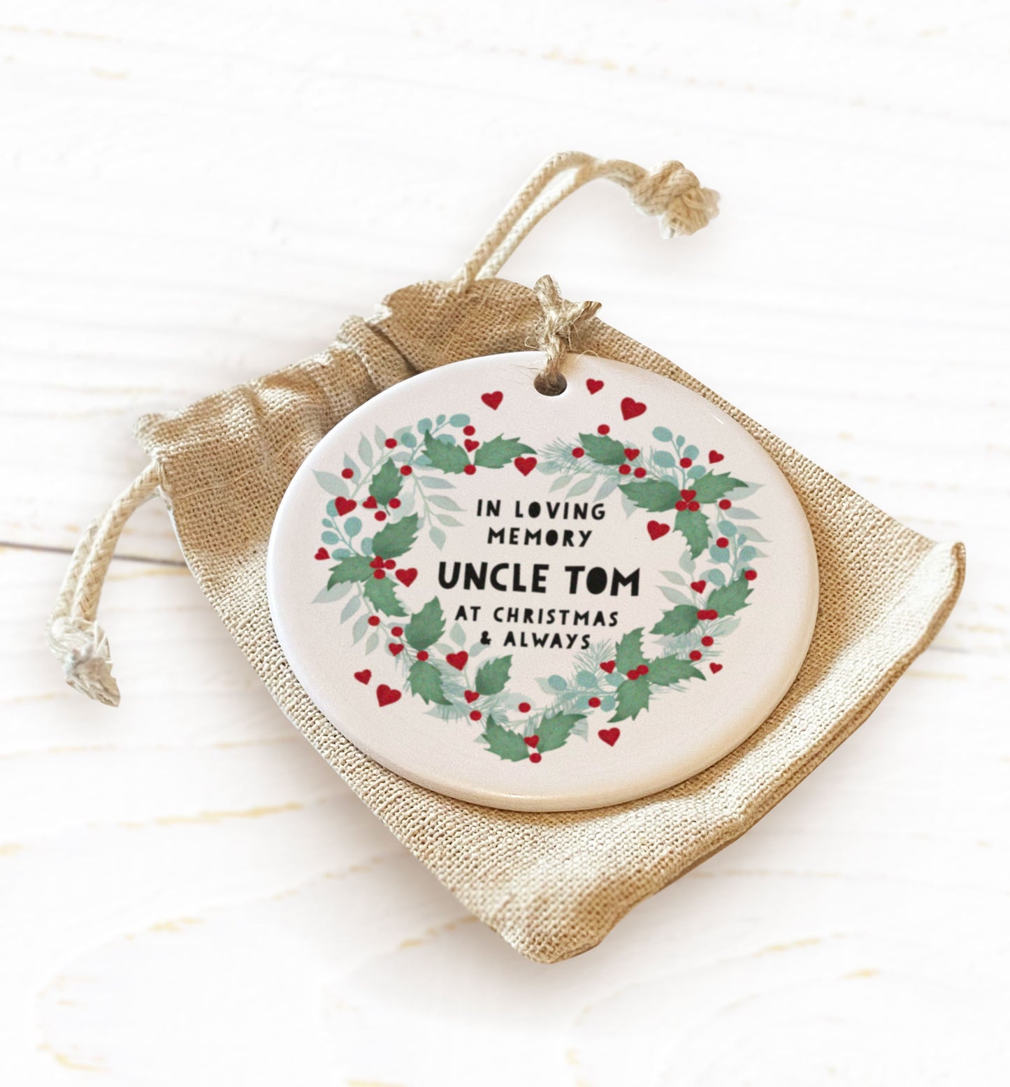 In Loving Memory At Christmas & Always Ceramic Decoration. Remembrance Ornament. Personalised In Loving Memory..Personalised Tree Bauble