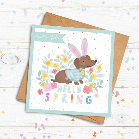 Hello Spring Personalised Card. Cute Sausage Dog Card. Cute Easter Card. Personalised Spring Time Card. Spring Birthday. Send Direct Option.