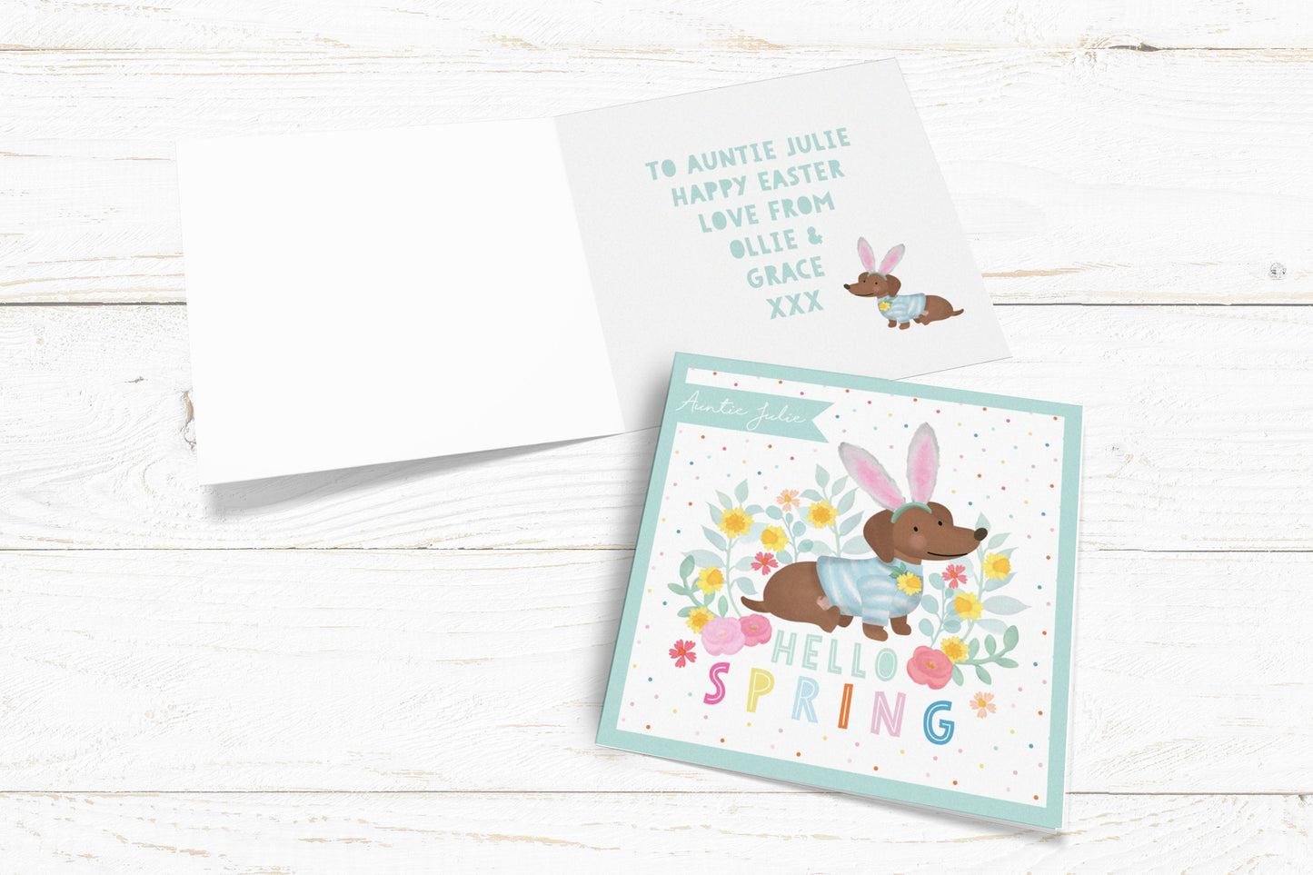 Hello Spring Personalised Card. Cute Sausage Dog Card. Cute Easter Card. Personalised Spring Time Card. Spring Birthday. Send Direct Option.