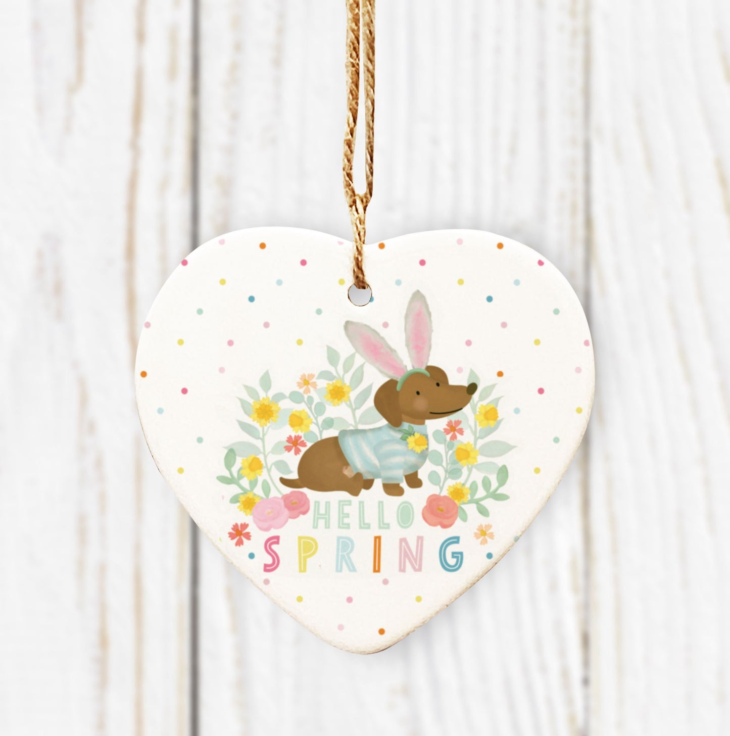 Hello Spring Sausage Dog Ceramic Heart. Personalised Easter Gift . Sausage Dog Heart. Personalised Birthday Gift.