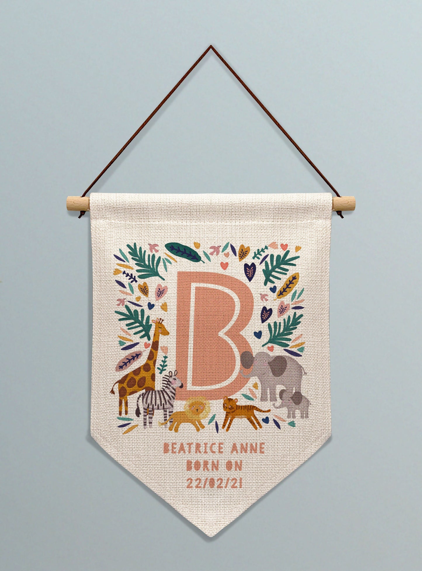 Safari Animal Initial Personalised Linen Banner. Personalised Nursery Banner.Personalised wall banner. Personalised gift for Baby.